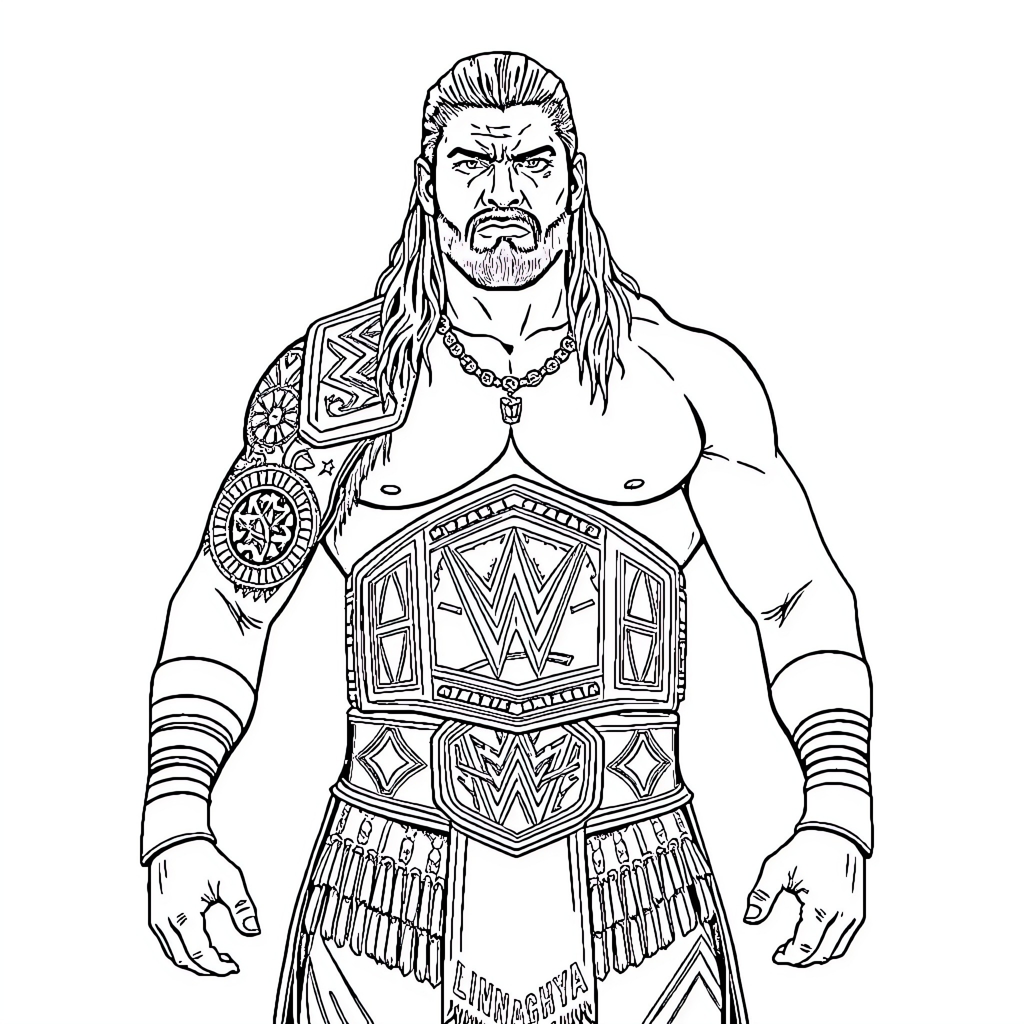 Roman Reigns posing in wrestling attire Coloring Page (free black-and-white line drawing printable PDF for all, from beginners to advanced learners, including children, teens, adults, and seniors)