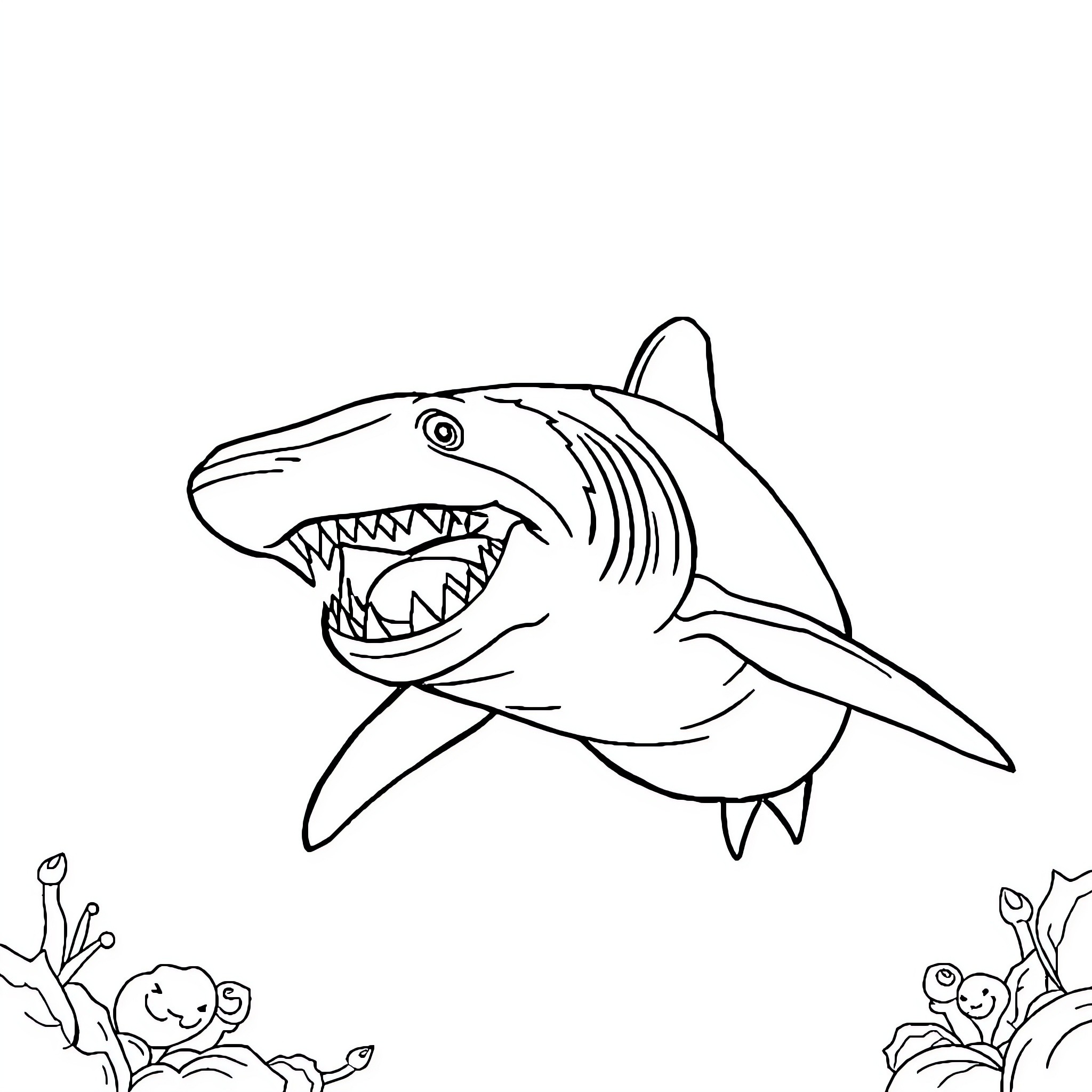 Tiburon swimming with open mouth Coloring Page (free black-and-white line drawing printable PDF for all, from beginners to advanced learners, including children, teens, adults, and seniors)