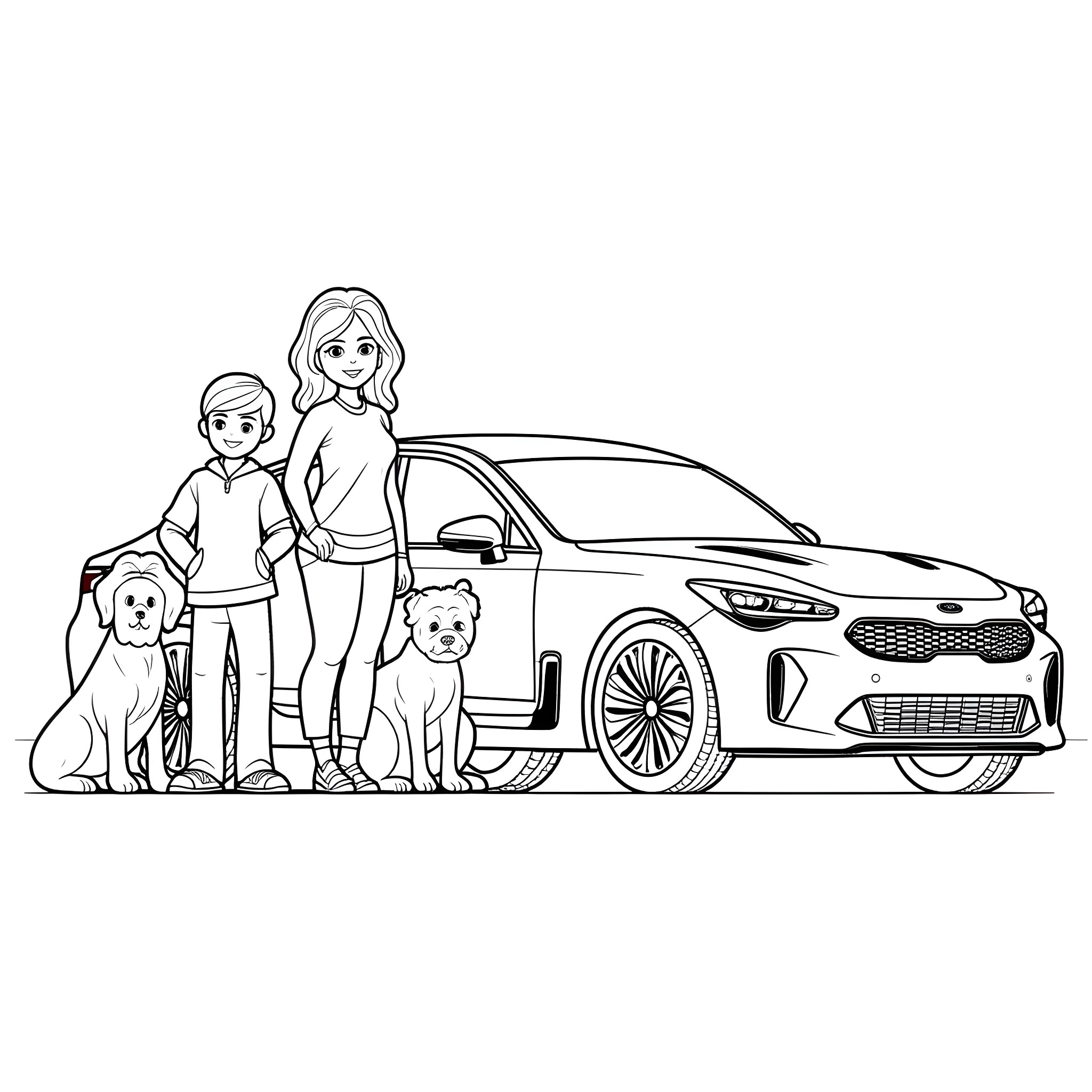 Dog family posing with their car Coloring Page (free black-and-white line drawing printable PDF for all, from beginners to advanced learners, including children, teens, adults, and seniors)