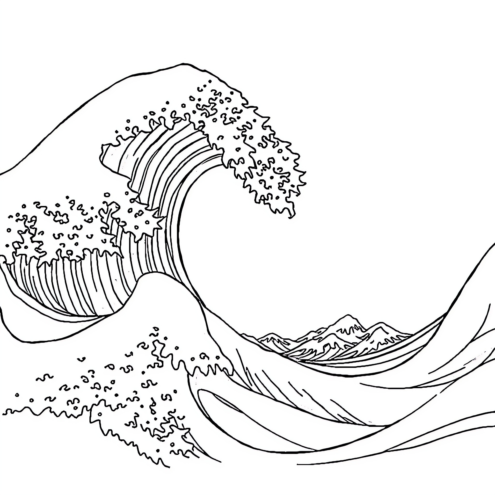 Wave rolling over distant mountains Coloring Page (free black-and-white line drawing printable PDF for all, from beginners to advanced learners, including children, teens, adults, and seniors)