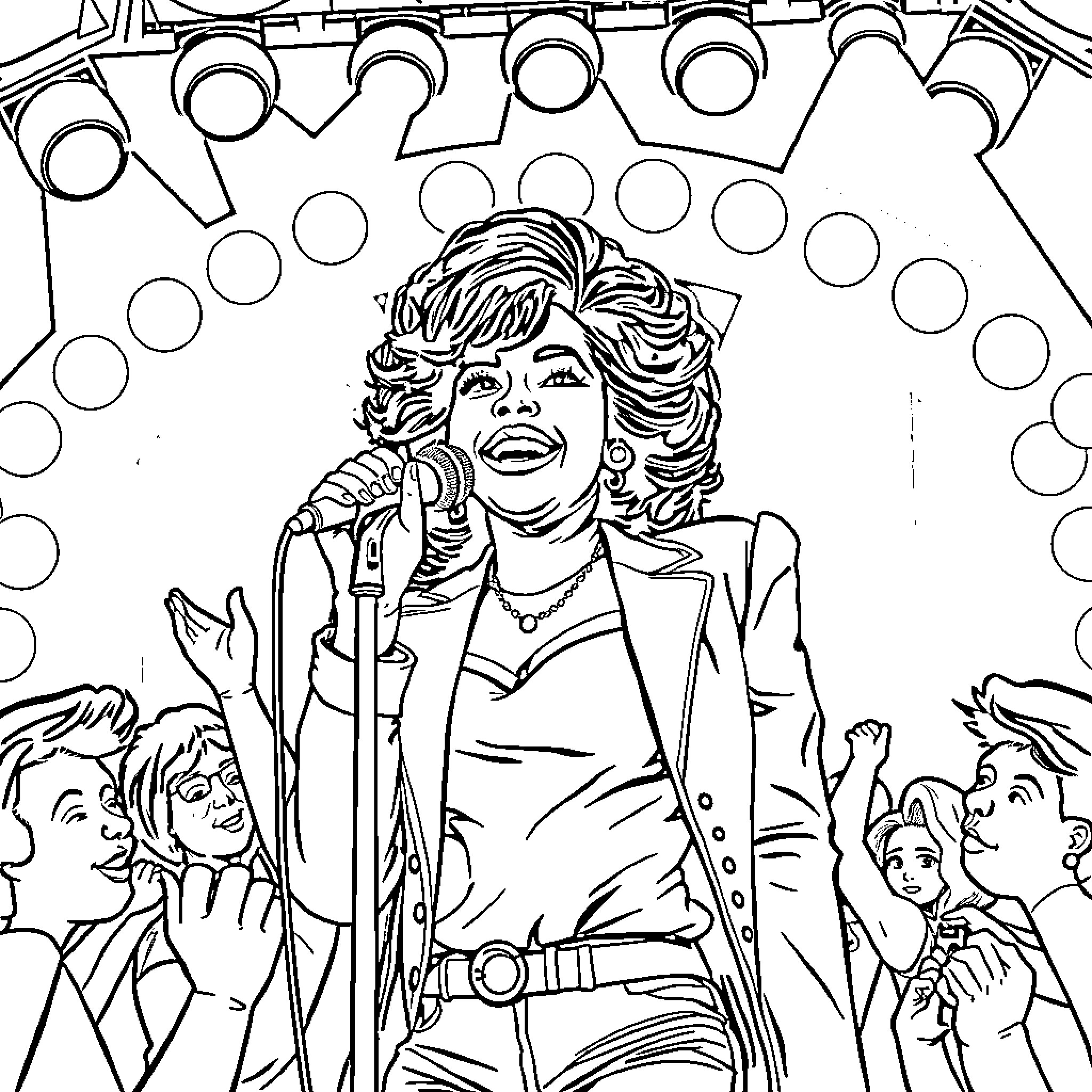 Karol G performing on stage with backup dancers Coloring Page (free black-and-white line drawing printable PDF for all, from beginners to advanced learners, including children, teens, adults, and seniors)