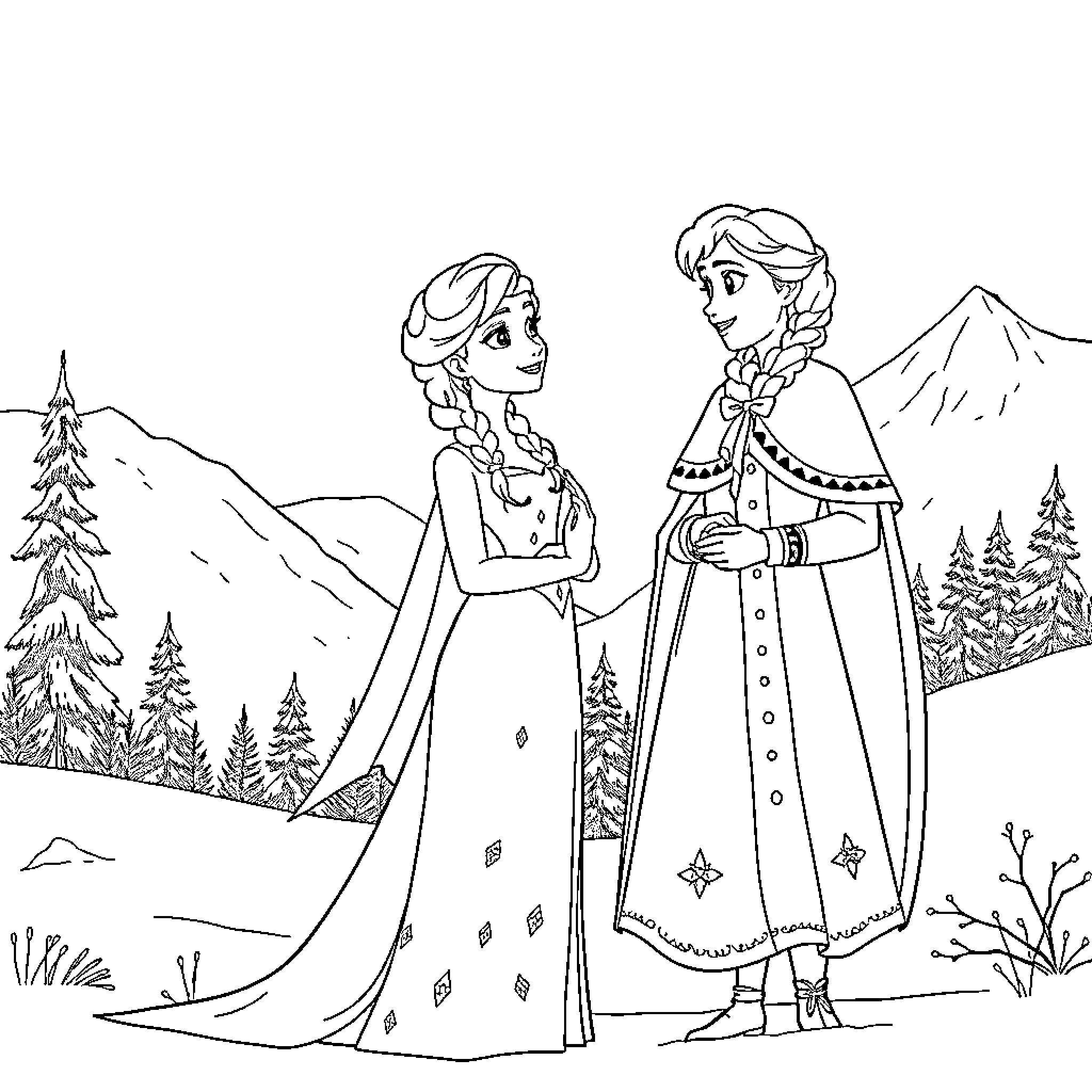 Elsa and Anna enjoying a winter adventure Coloring Page (free black-and-white line drawing printable PDF for all, from beginners to advanced learners, including children, teens, adults, and seniors)