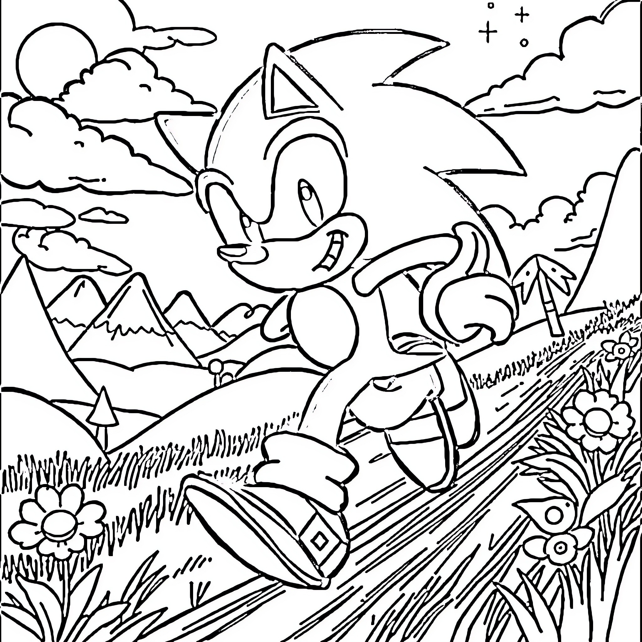 Sonic Exploring the Vibrant Outdoor Landscape Coloring Page (free black-and-white line drawing printable PDF for all, from beginners to advanced learners, including children, teens, adults, and seniors)