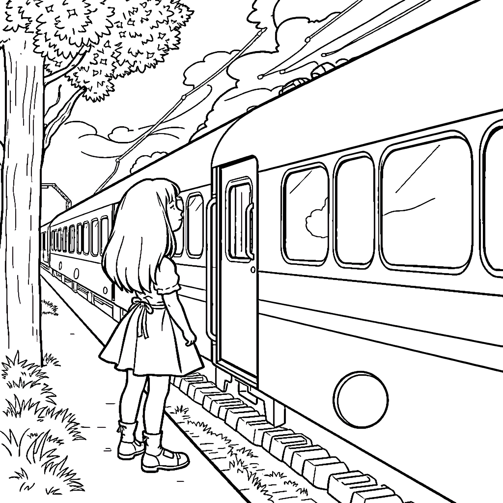 Girl looking at train on a scenic route Coloring Page (free black-and-white line drawing printable PDF for all, from beginners to advanced learners, including children, teens, adults, and seniors)