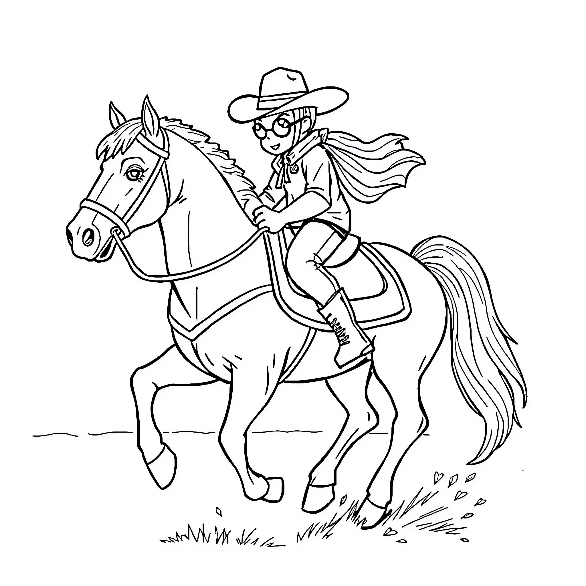 Chameleon Cowboy riding majestic horse Coloring Page (free black-and-white line drawing printable PDF for all, from beginners to advanced learners, including children, teens, adults, and seniors)
