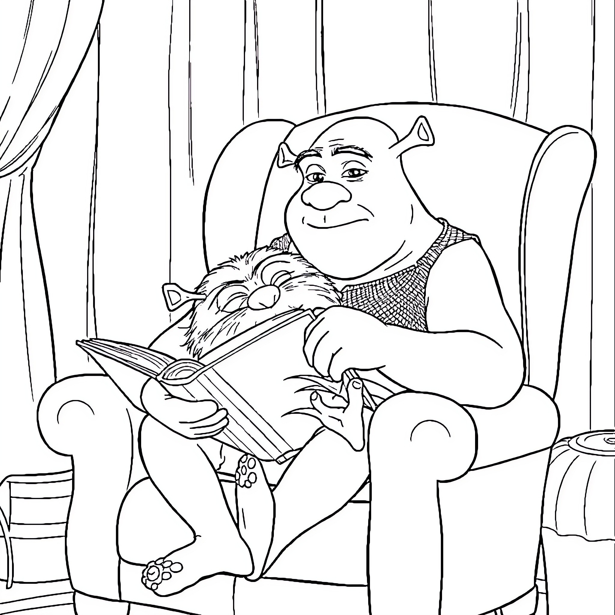 Shrek reading a book in his chair Coloring Page (free black-and-white line drawing printable PDF for all, from beginners to advanced learners, including children, teens, adults, and seniors)