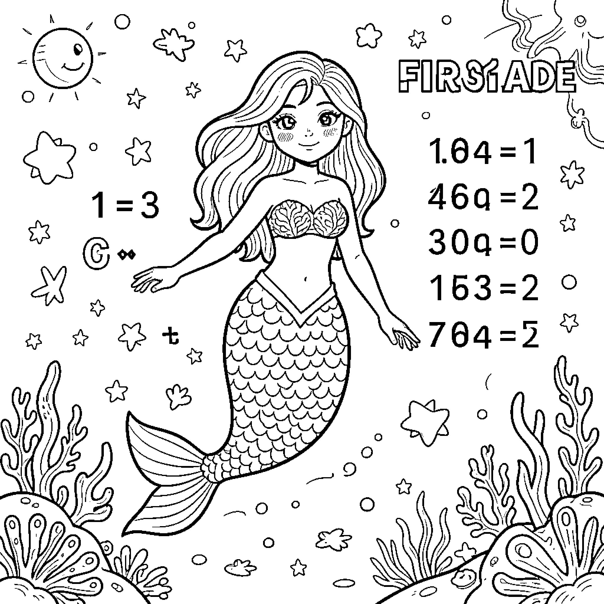 Mermaid swimming peacefully amidst underwater sea plants and stars Coloring Page (free black-and-white line drawing printable PDF for all, from beginners to advanced learners, including children, teens, adults, and seniors)