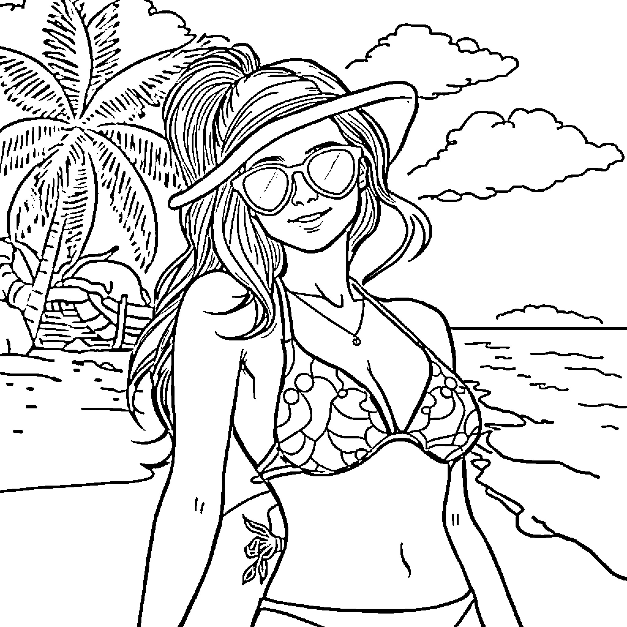 Girl enjoying beach vacation in tropical paradise Coloring Page (free black-and-white line drawing printable PDF for all, from beginners to advanced learners, including children, teens, adults, and seniors)