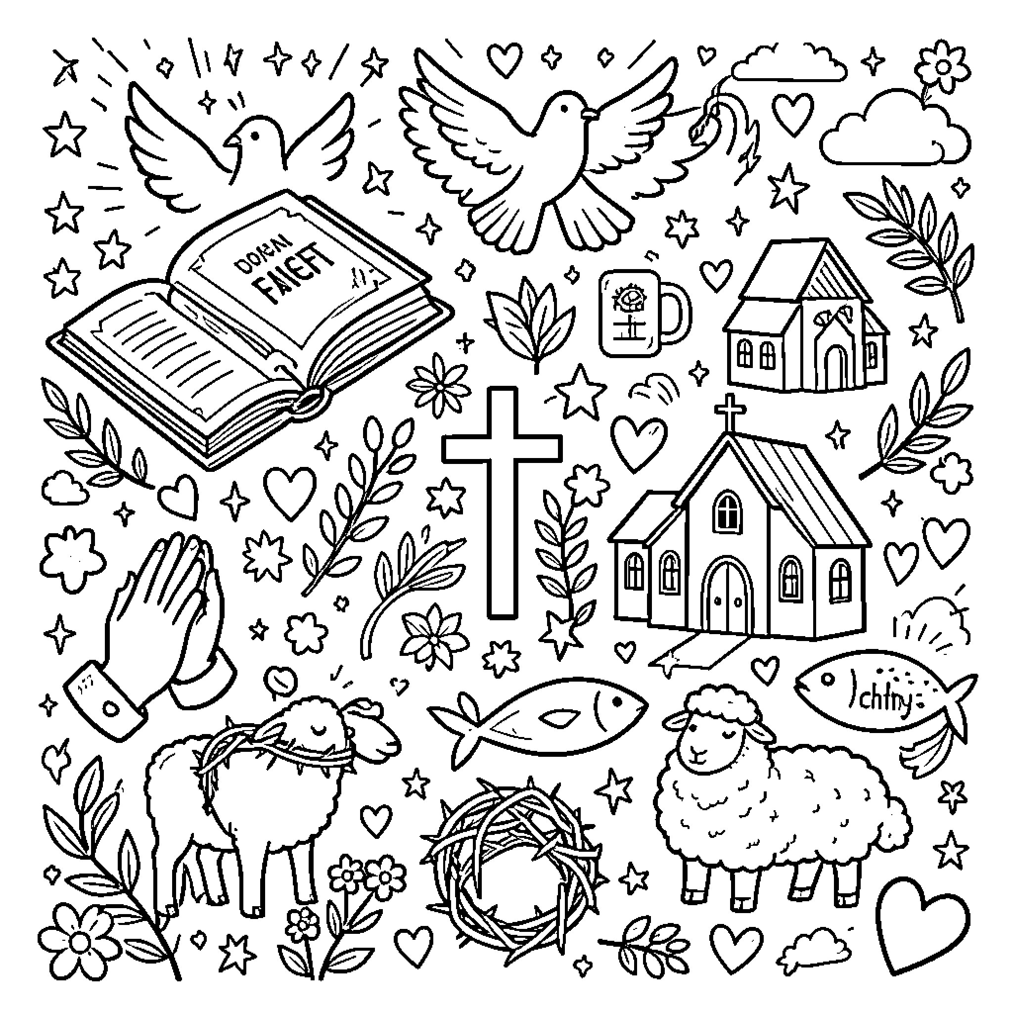 Christian Symbols and Icons in Pastoral Scene Coloring Page (free black-and-white line drawing printable PDF for all, from beginners to advanced learners, including children, teens, adults, and seniors)