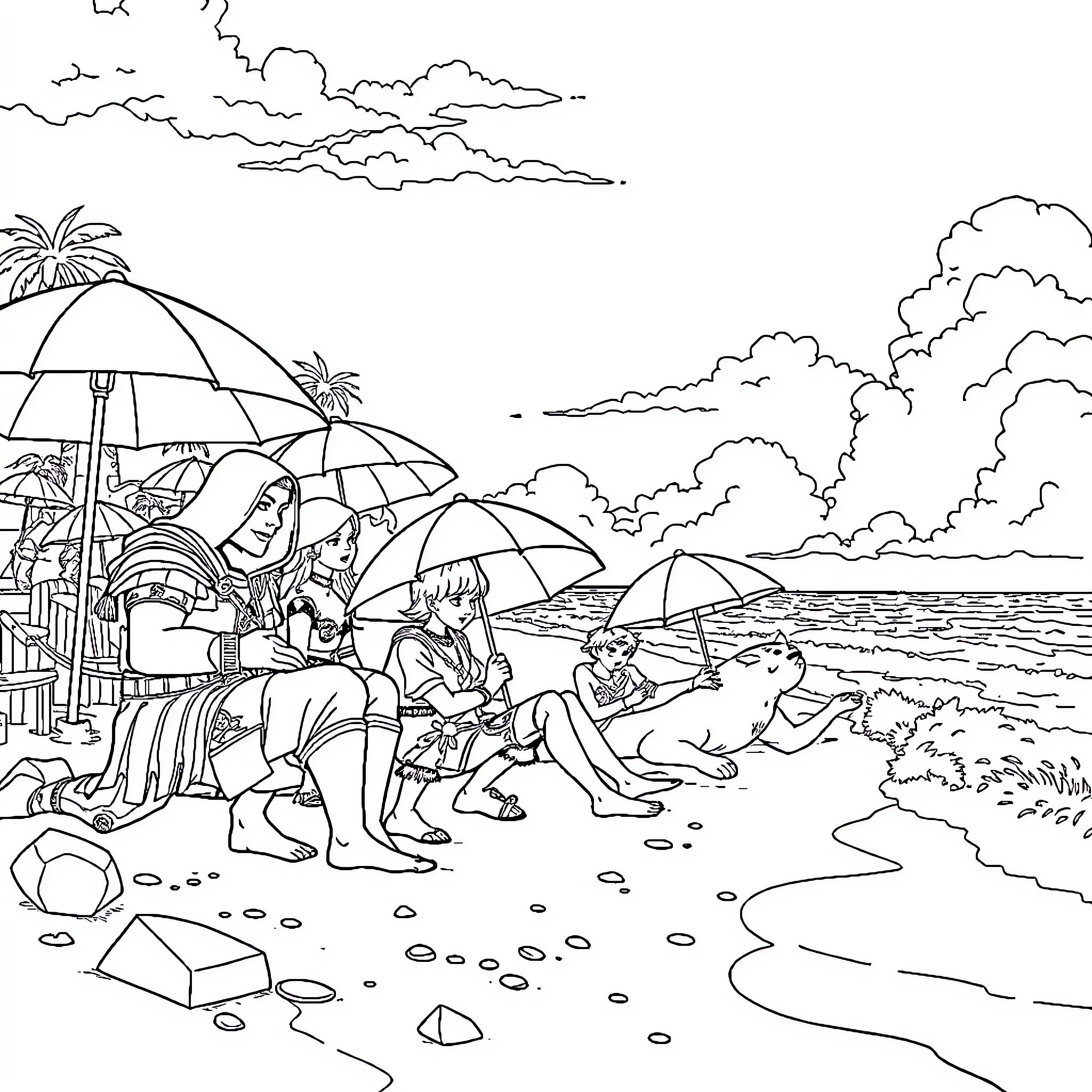 Warcraft Class Beach Vacation Scene Coloring Page (free black-and-white line drawing printable PDF for all, from beginners to advanced learners, including children, teens, adults, and seniors)