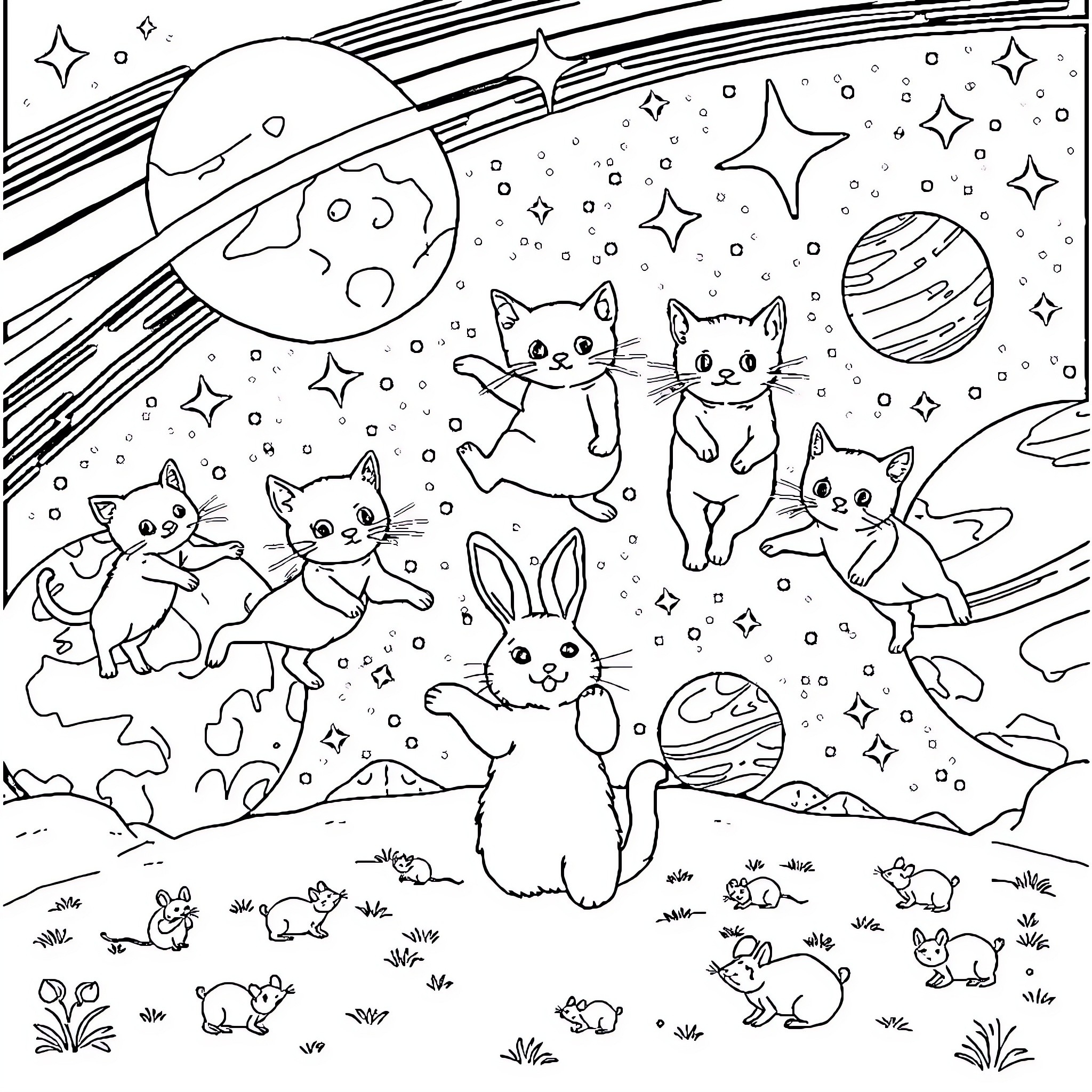 Cat Space Adventure with Cosmic Critters Coloring Page (free black-and-white line drawing printable PDF for all, from beginners to advanced learners, including children, teens, adults, and seniors)