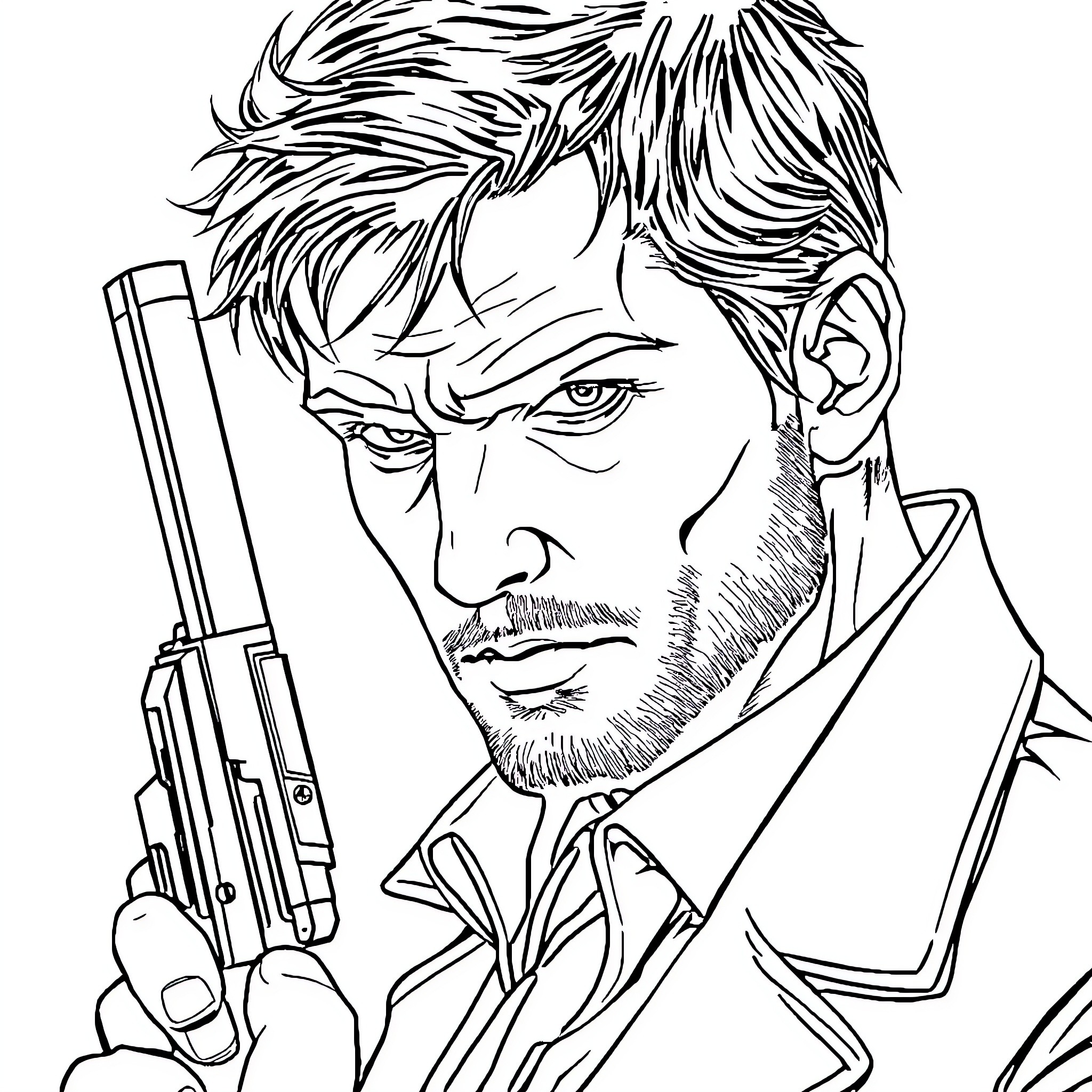 Leon's Intense Expression with a Firearm Coloring Page (free black-and-white line drawing printable PDF for all, from beginners to advanced learners, including children, teens, adults, and seniors)