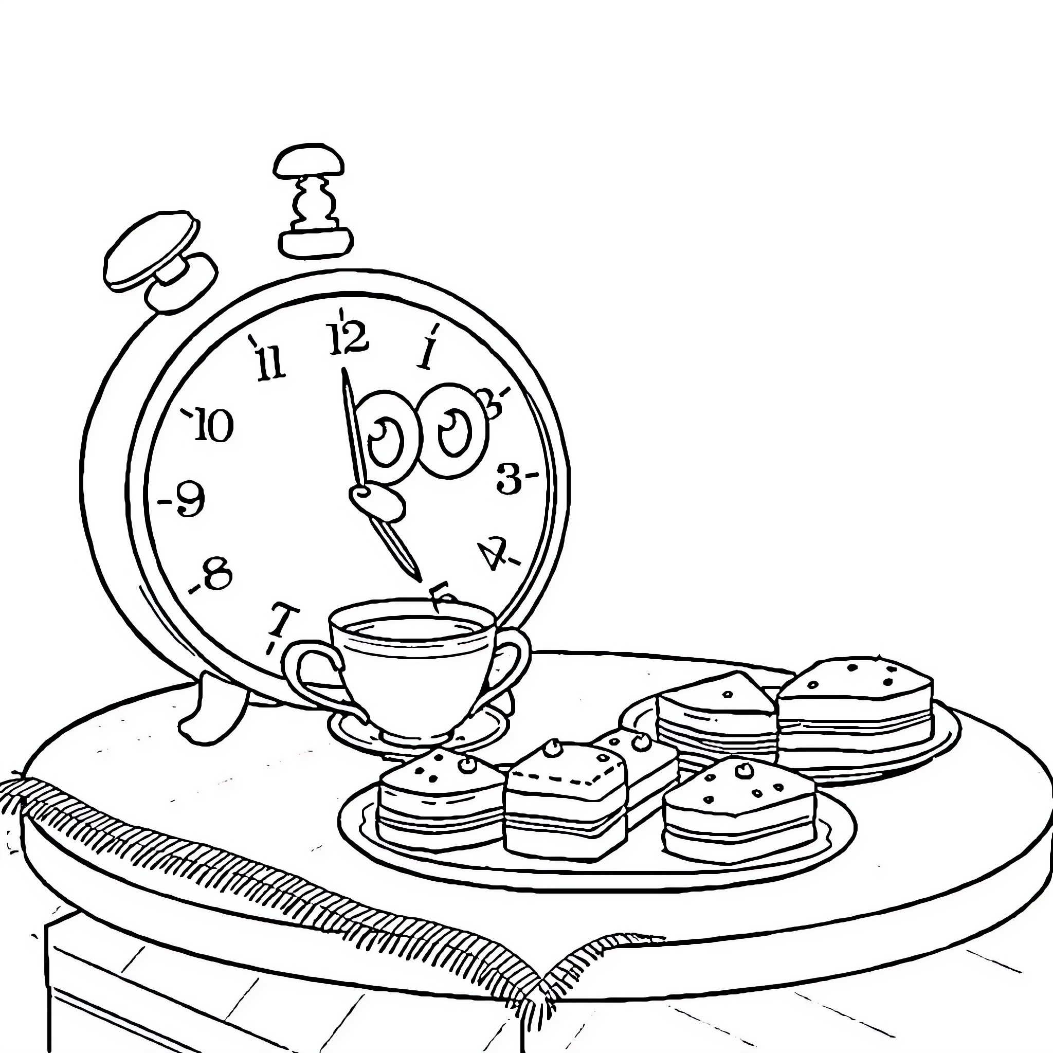 Clock with Tea and Pastries on Table Coloring Page (free black-and-white line drawing printable PDF for all, from beginners to advanced learners, including children, teens, adults, and seniors)