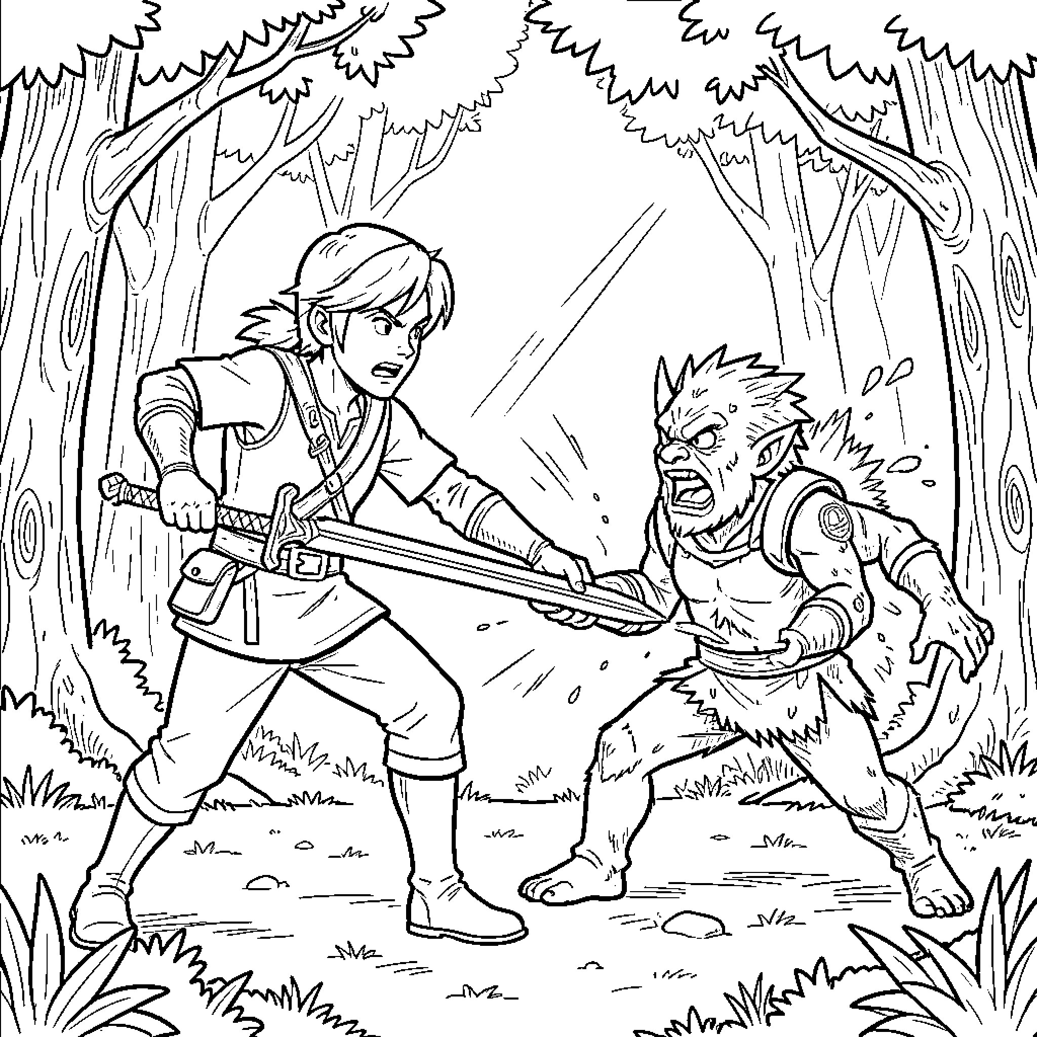 Link fighting a monster in the forest Coloring Page (free black-and-white line drawing printable PDF for all, from beginners to advanced learners, including children, teens, adults, and seniors)