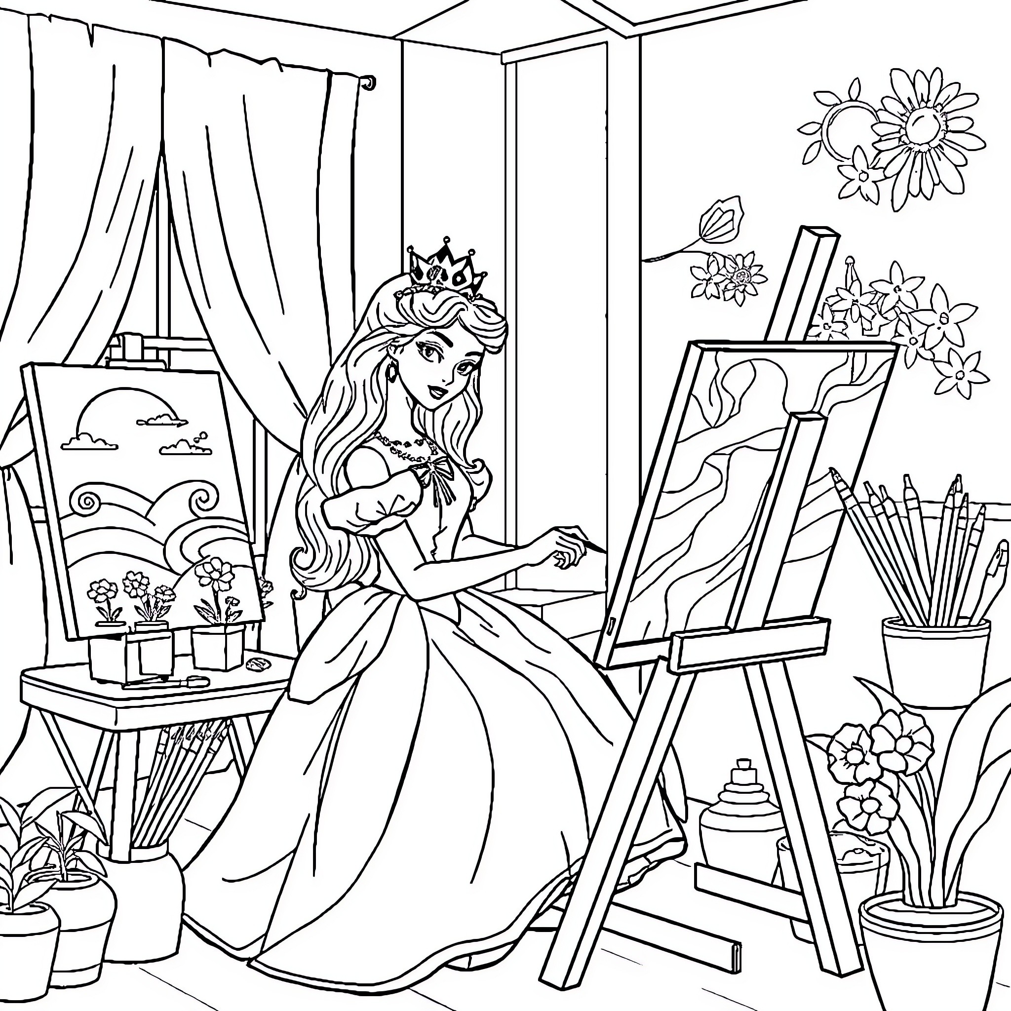 Princess creating a masterpiece in her art studio Coloring Page (free black-and-white line drawing printable PDF for all, from beginners to advanced learners, including children, teens, adults, and seniors)