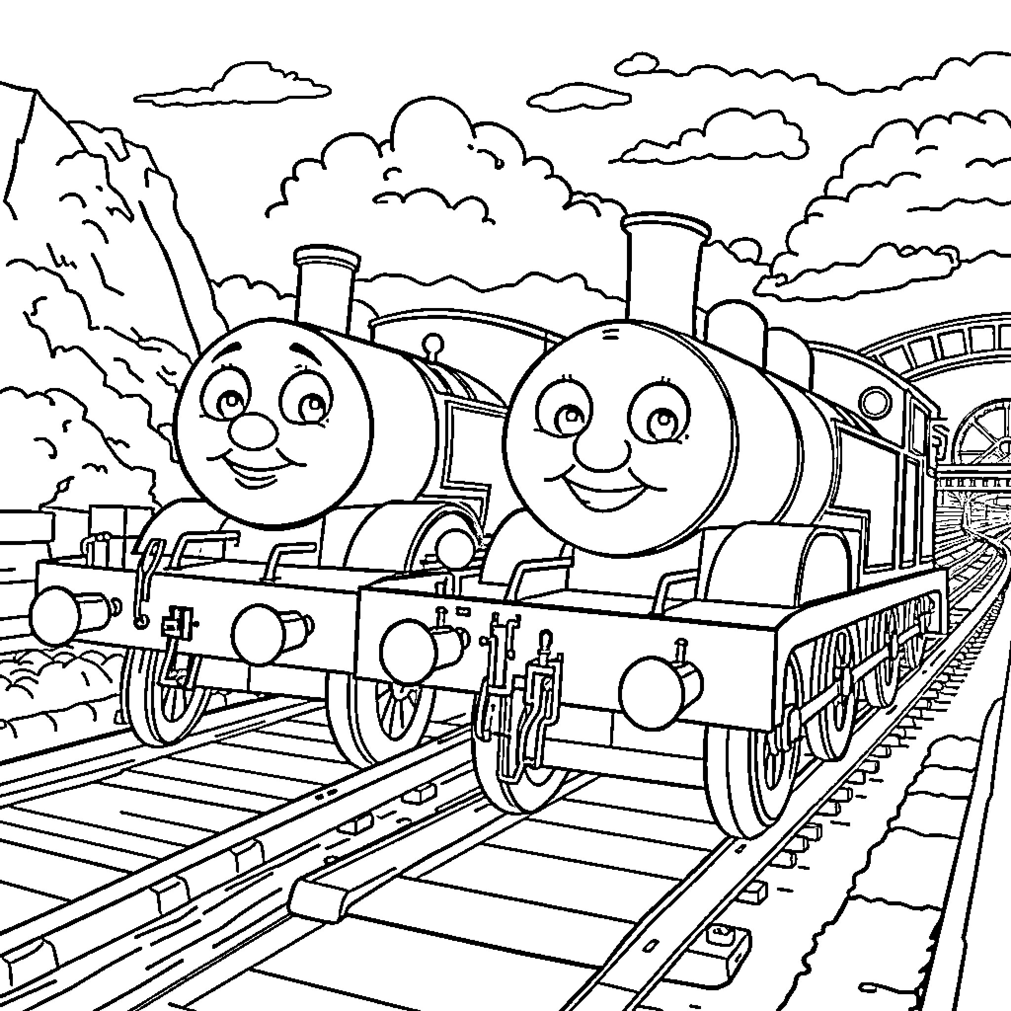 Lightning McQueen train adventure with friends Coloring Page (free black-and-white line drawing printable PDF for all, from beginners to advanced learners, including children, teens, adults, and seniors)