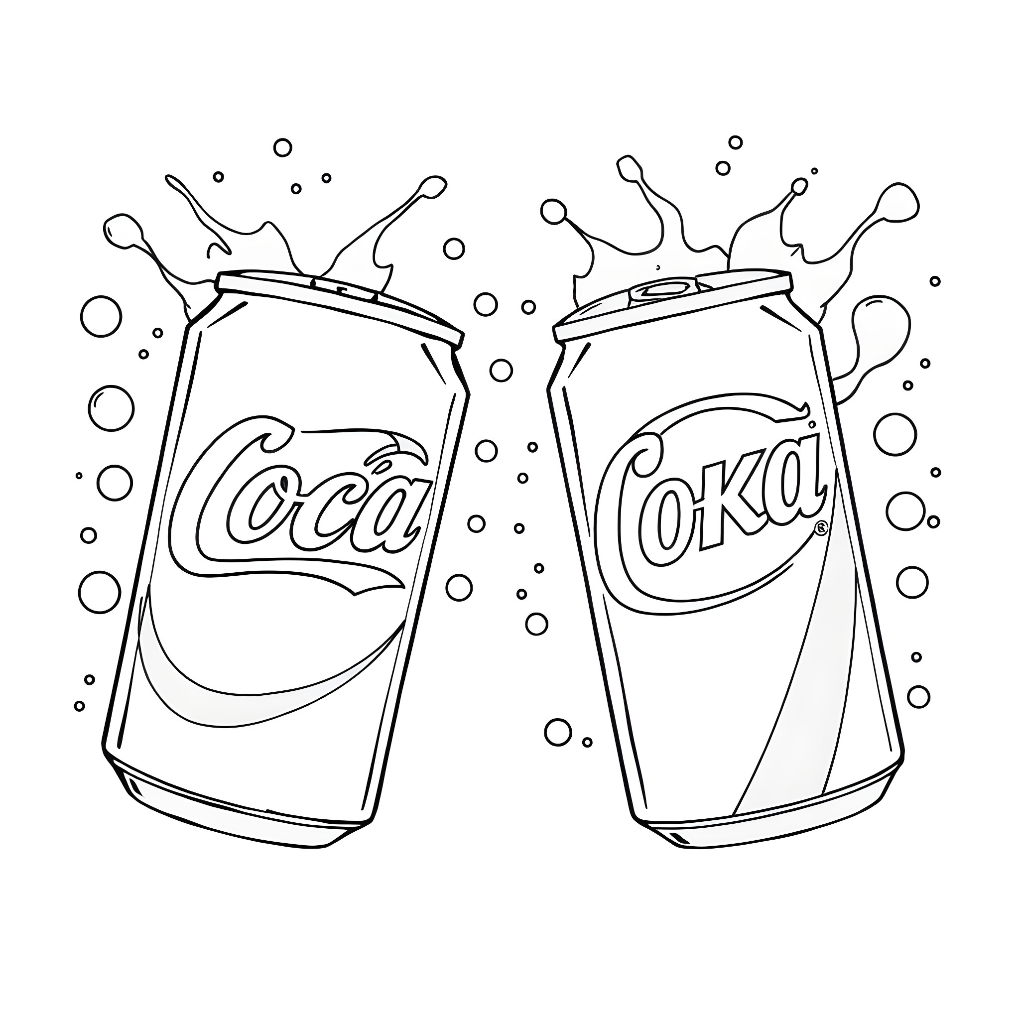 Soda cans colliding with splashing bubbles Coloring Page (free black-and-white line drawing printable PDF for all, from beginners to advanced learners, including children, teens, adults, and seniors)