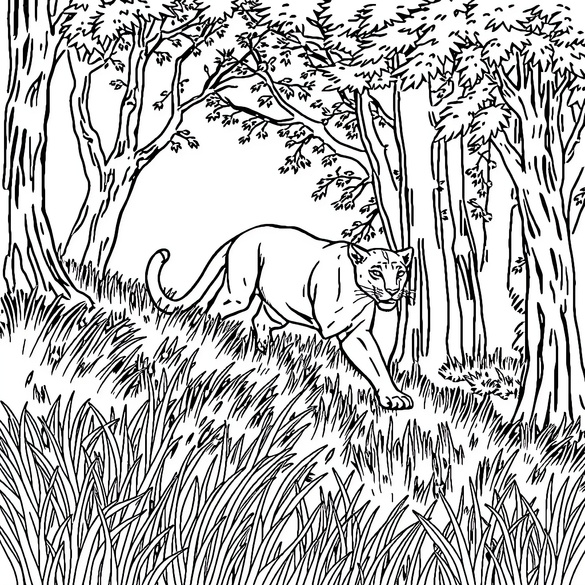 Panther Prowling Through Lush Forest Foliage Coloring Page (free black-and-white line drawing printable PDF for all, from beginners to advanced learners, including children, teens, adults, and seniors)