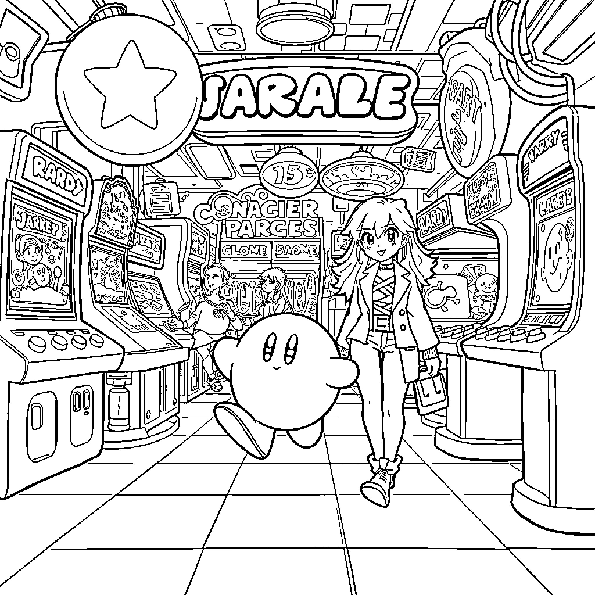 Kirby explores the lively arcade with a girl Coloring Page (free black-and-white line drawing printable PDF for all, from beginners to advanced learners, including children, teens, adults, and seniors)