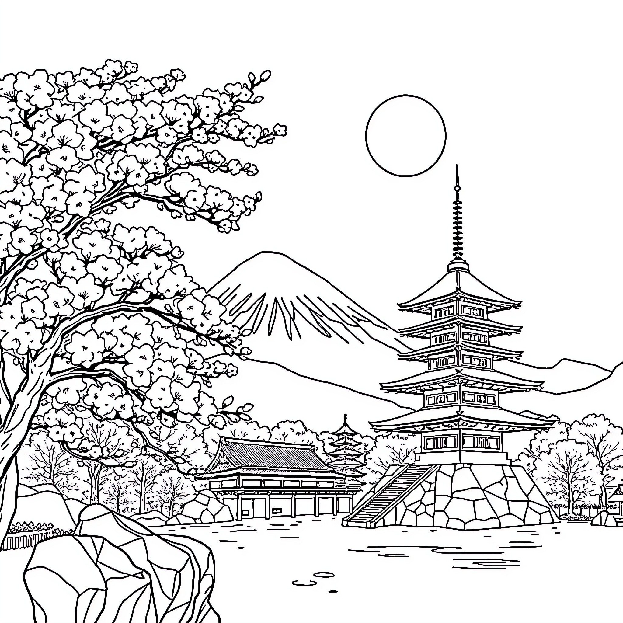 Japan's Serene Pagoda and Mountainscape Coloring Page (free black-and-white line drawing printable PDF for all, from beginners to advanced learners, including children, teens, adults, and seniors)