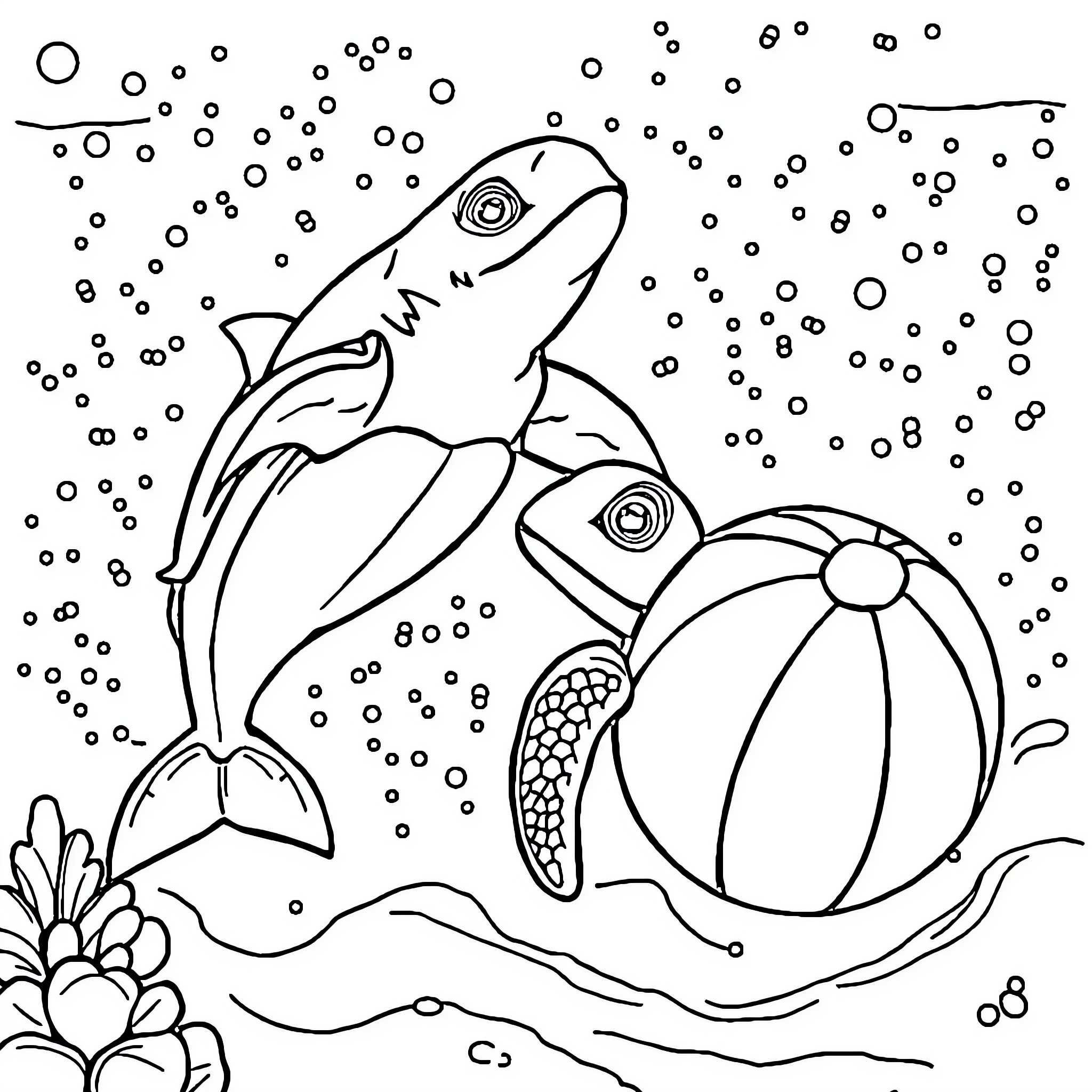 Sea Turtle Swimming with Beach Ball in Underwater Scene Coloring Page (free black-and-white line drawing printable PDF for all, from beginners to advanced learners, including children, teens, adults, and seniors)