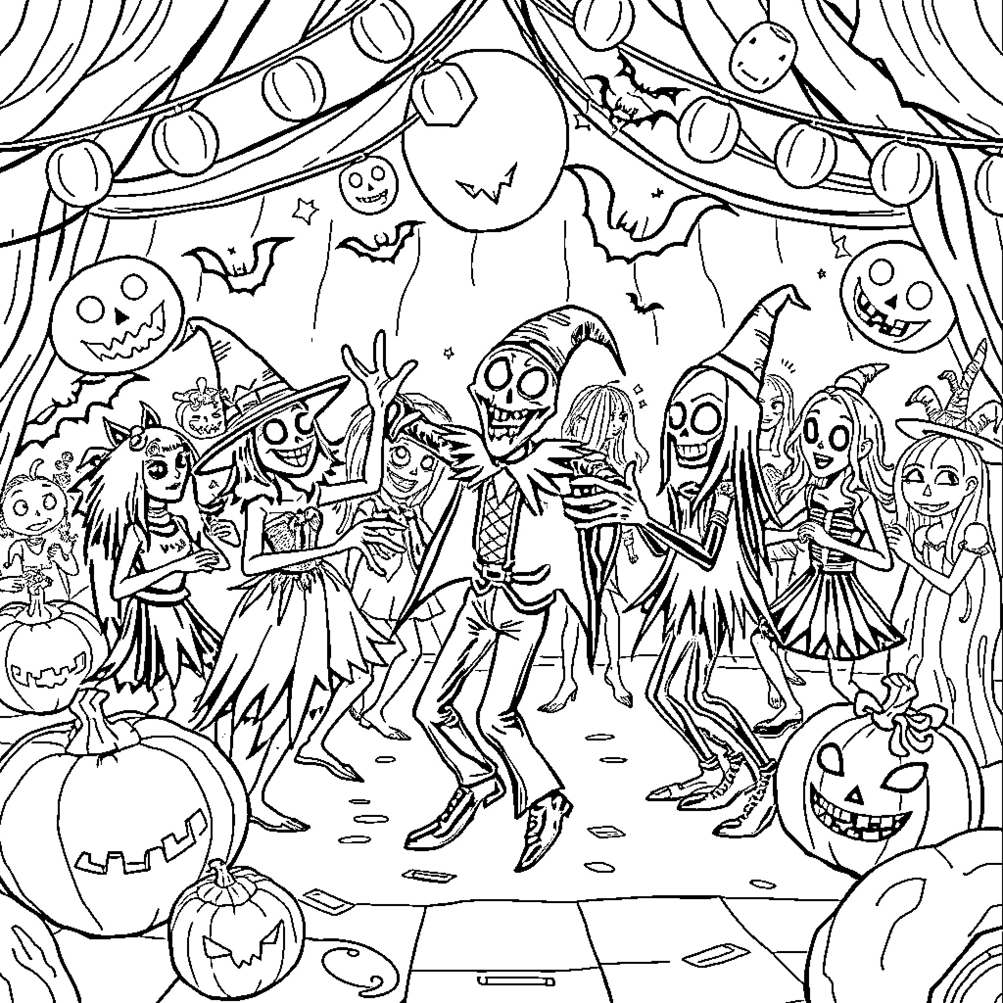 Ghoul's Spooky Halloween Celebration Coloring Page (free black-and-white line drawing printable PDF for all, from beginners to advanced learners, including children, teens, adults, and seniors)