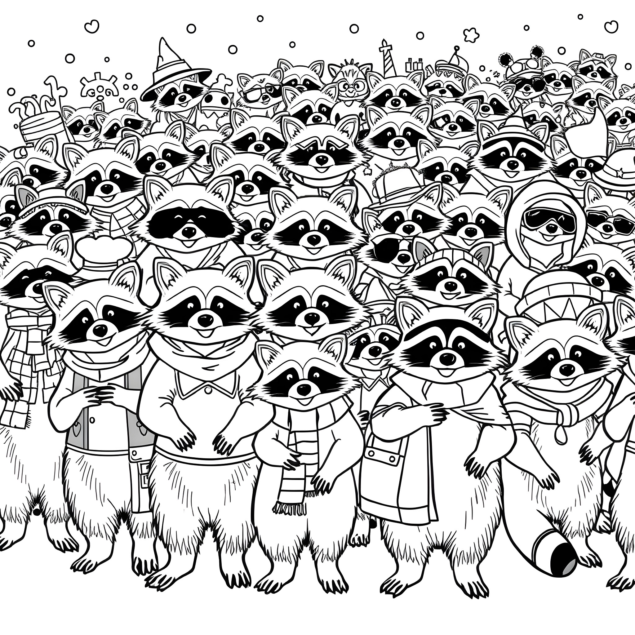 Raccoons in various costumes and poses Coloring Page (free black-and-white line drawing printable PDF for all, from beginners to advanced learners, including children, teens, adults, and seniors)