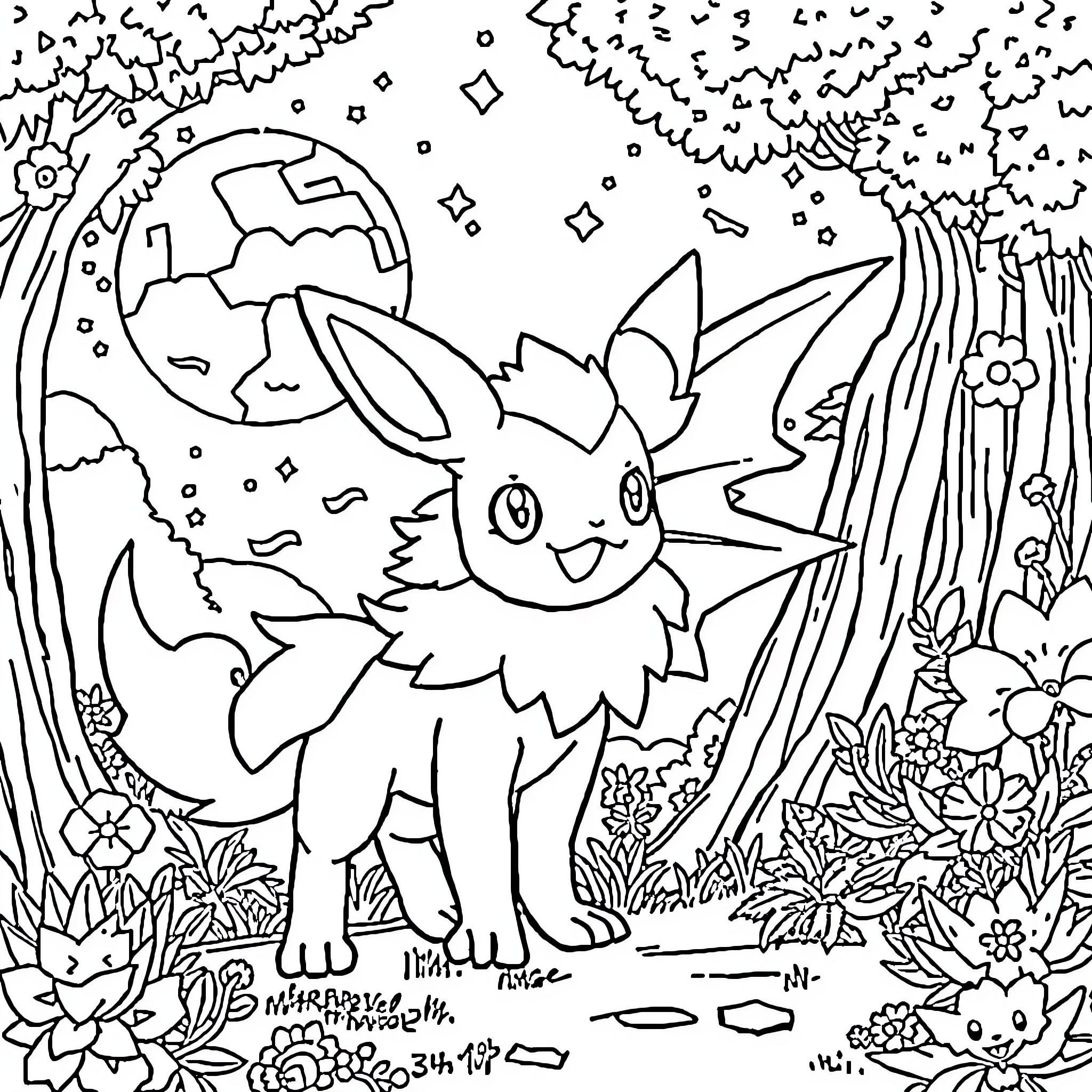 Eevee exploring a magical forest landscape Coloring Page (free black-and-white line drawing printable PDF for all, from beginners to advanced learners, including children, teens, adults, and seniors)