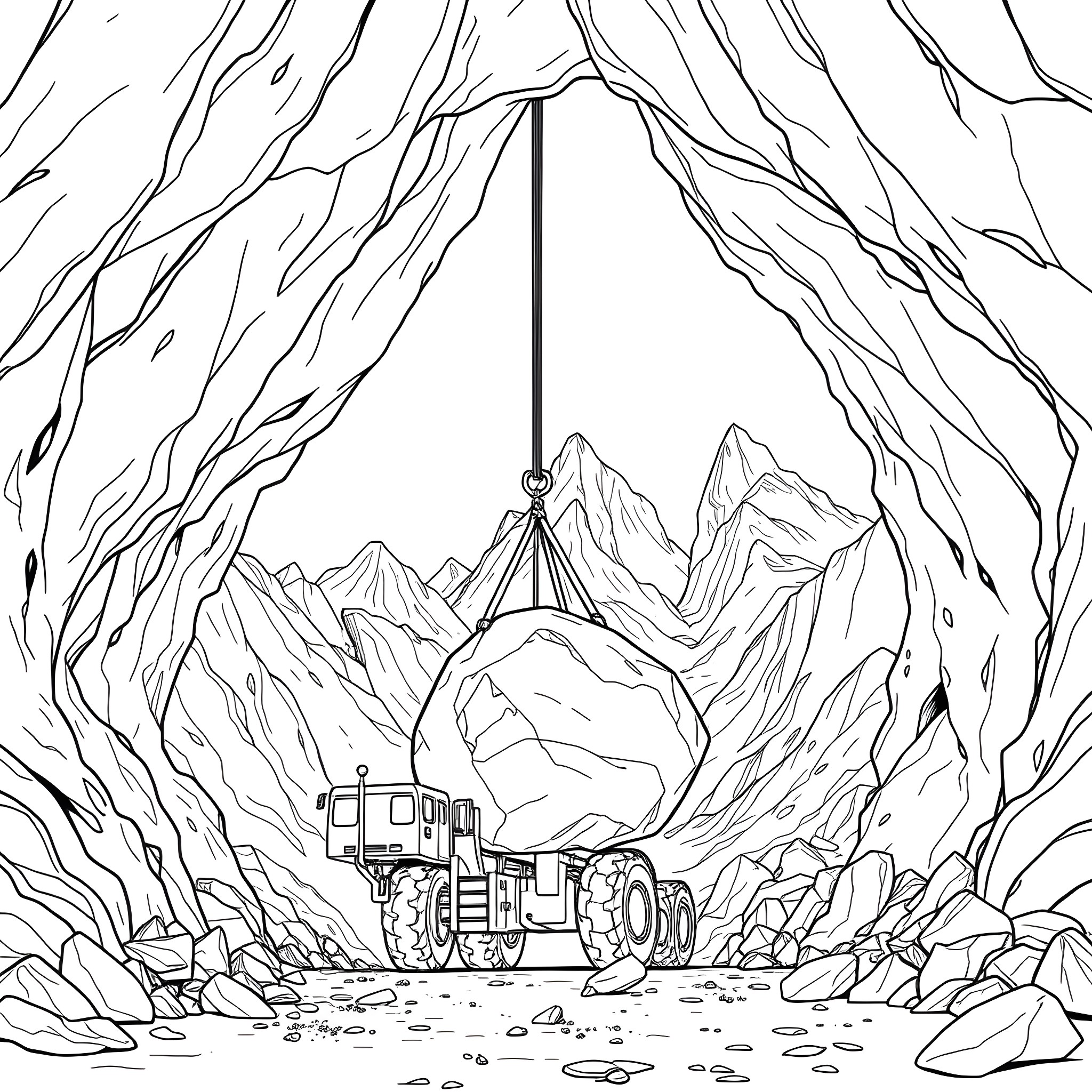 Construction Vehicle Exploring Rugged Mountain Terrain Coloring Page (free black-and-white line drawing printable PDF for all, from beginners to advanced learners, including children, teens, adults, and seniors)