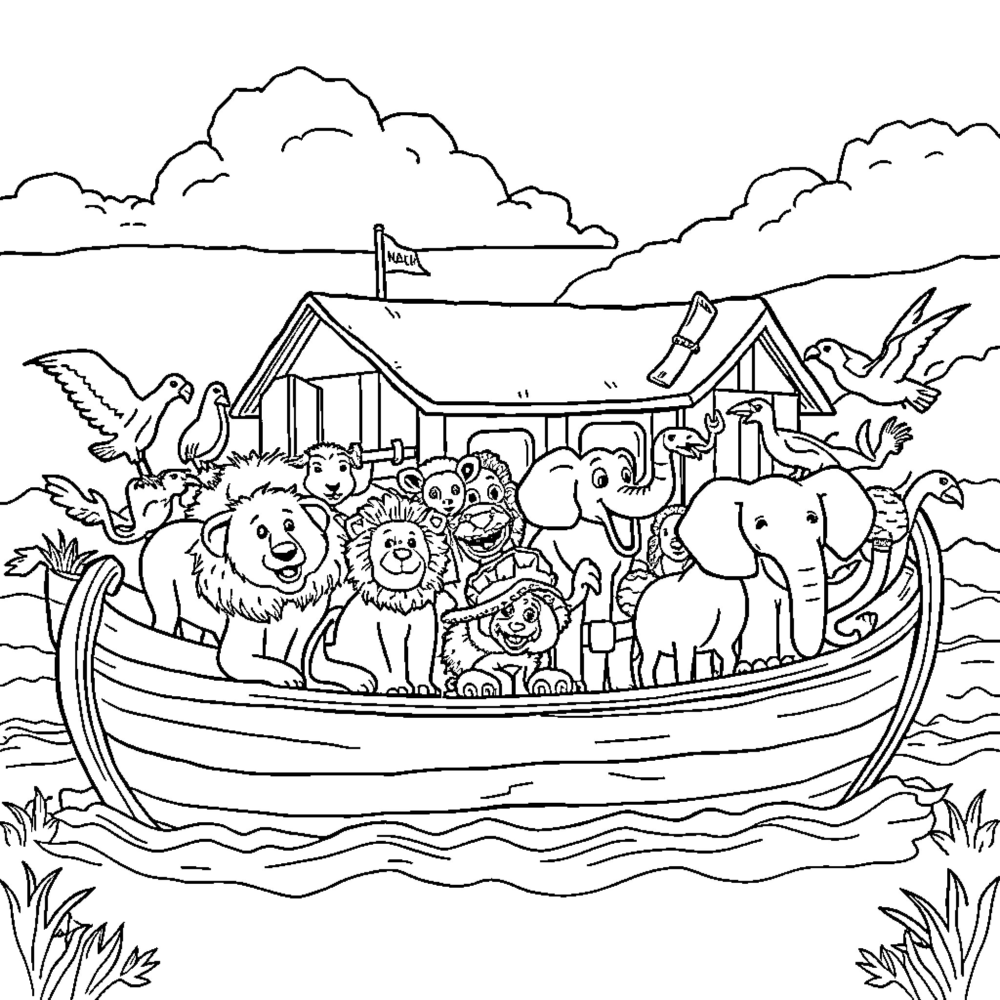 Animal Parade on a Boat in the Countryside Coloring Page (free black-and-white line drawing printable PDF for all, from beginners to advanced learners, including children, teens, adults, and seniors)