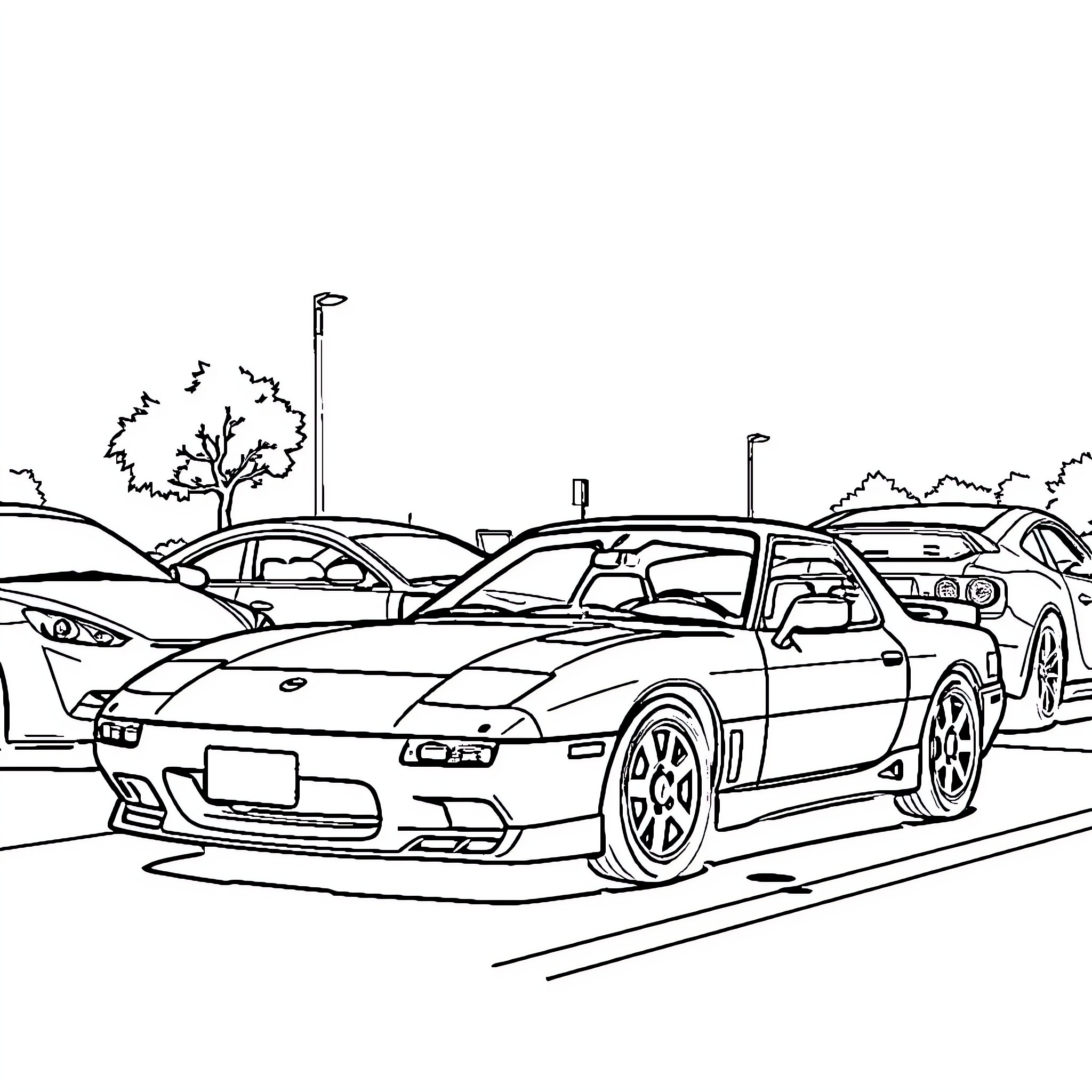 Mazda RX7 sports cars parked in a lot Coloring Page (free black-and-white line drawing printable PDF for all, from beginners to advanced learners, including children, teens, adults, and seniors)