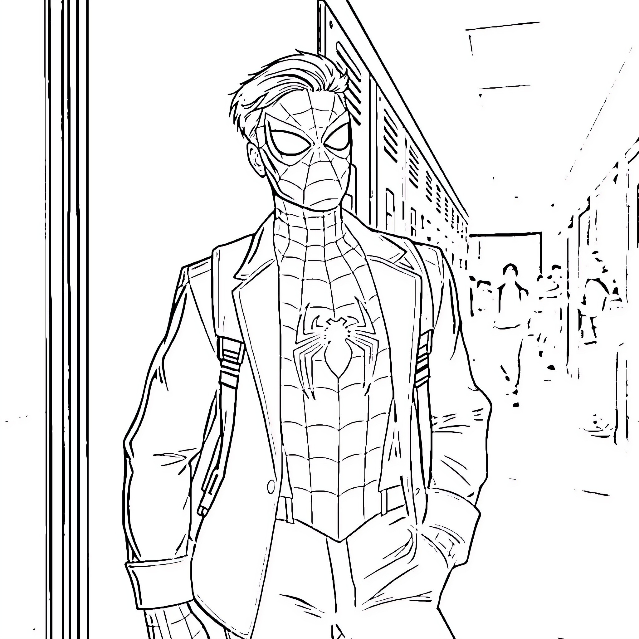Spider-Man taking a walk in the city Coloring Page (free black-and-white line drawing printable PDF for all, from beginners to advanced learners, including children, teens, adults, and seniors)