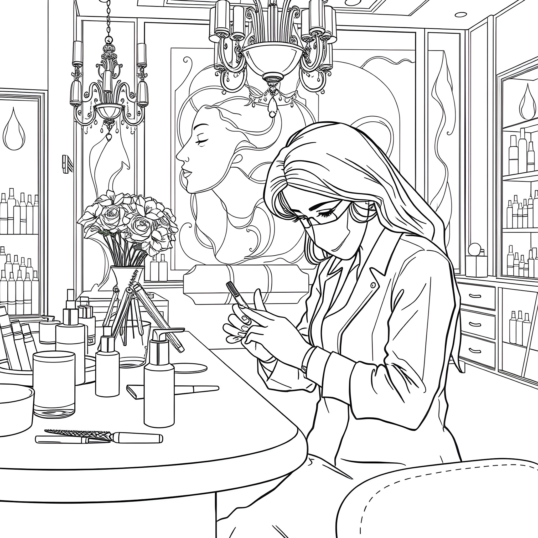 Nail Technician Preparing Manicure in Elegant Salon Coloring Page (free black-and-white line drawing printable PDF for all, from beginners to advanced learners, including children, teens, adults, and seniors)