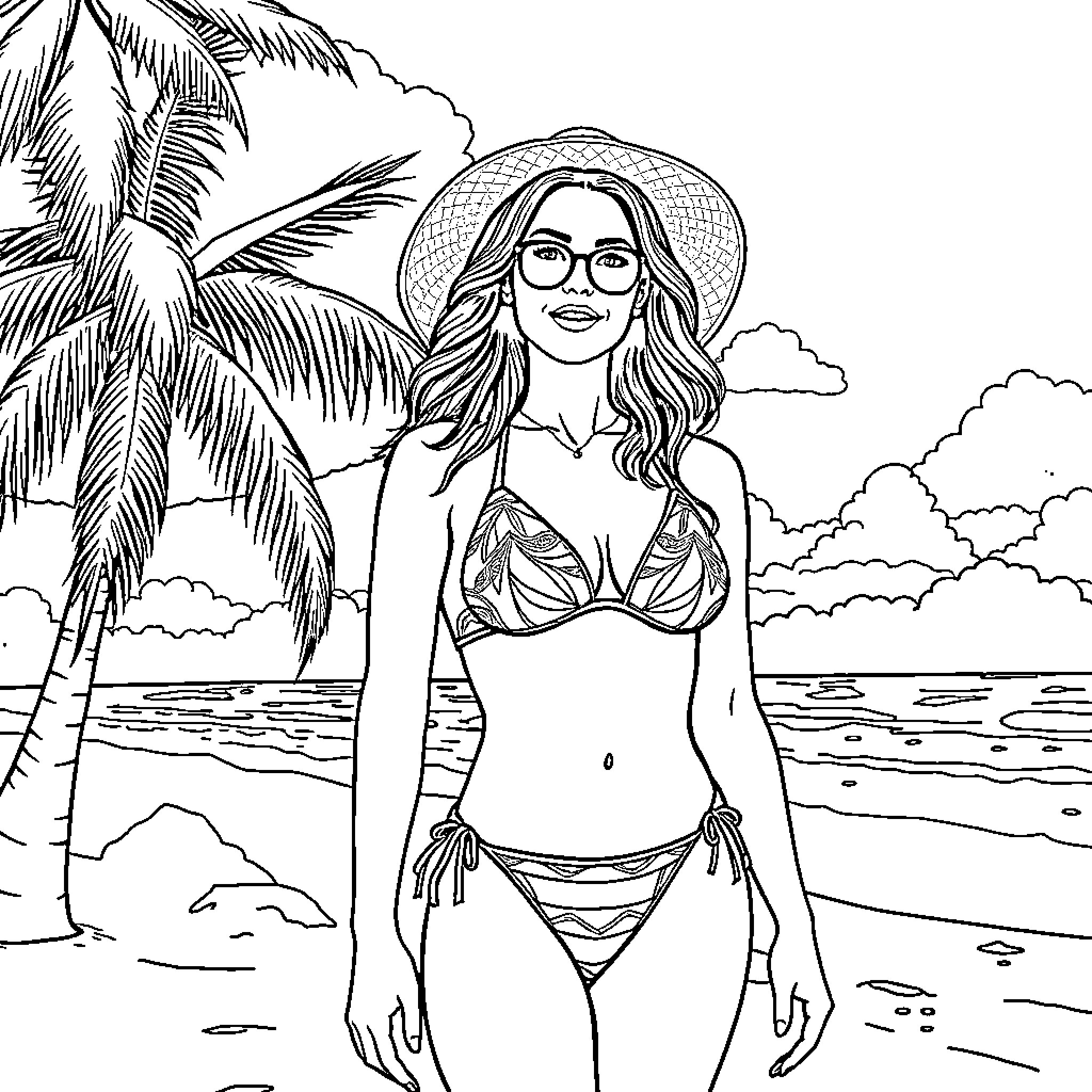 Ana de Armas enjoying a sunny beach day Coloring Page (free black-and-white line drawing printable PDF for all, from beginners to advanced learners, including children, teens, adults, and seniors)