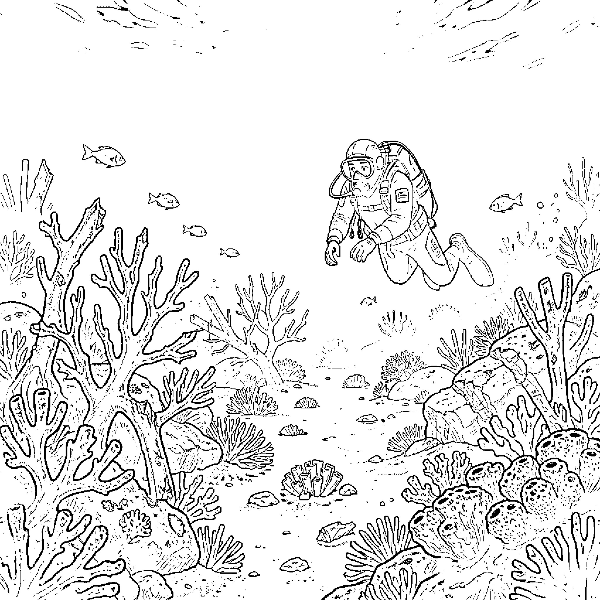 Coral Reef Exploration by Scuba Diver Coloring Page (free black-and-white line drawing printable PDF for all, from beginners to advanced learners, including children, teens, adults, and seniors)