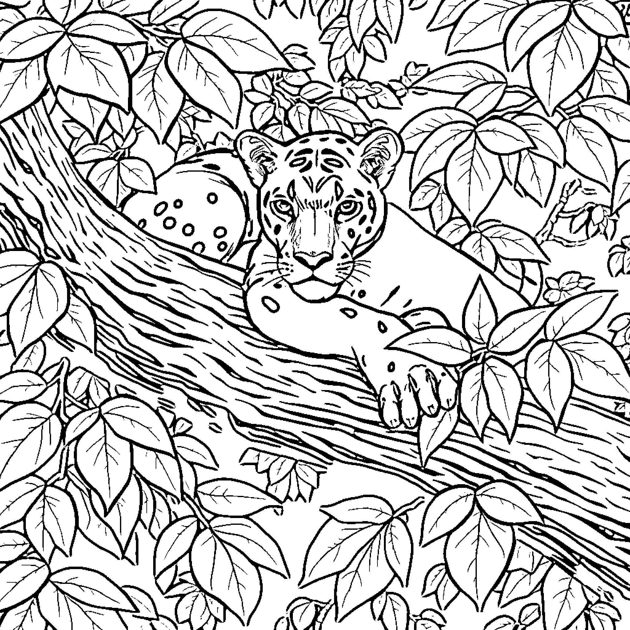 Panther resting in the lush forest Coloring Page (free black-and-white line drawing printable PDF for all, from beginners to advanced learners, including children, teens, adults, and seniors)