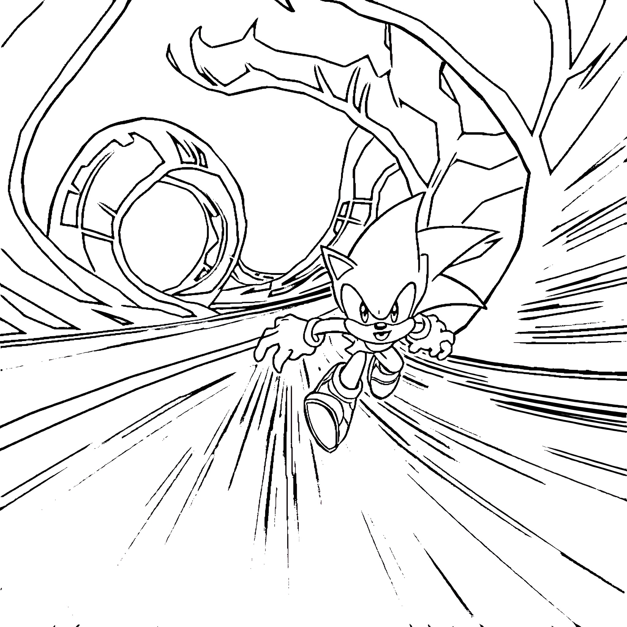 Sonic the Hedgehog rushing through a surreal landscape Coloring Page (free black-and-white line drawing printable PDF for all, from beginners to advanced learners, including children, teens, adults, and seniors)