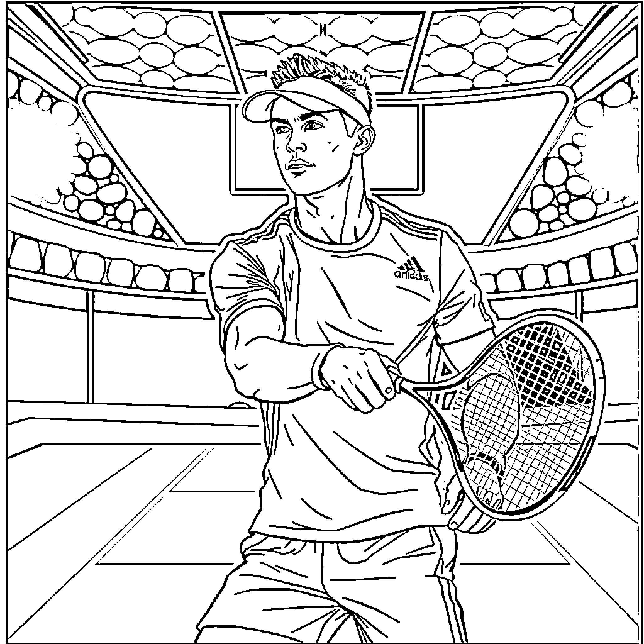 Cristiano Ronaldo playing tennis in sports arena Coloring Page (free black-and-white line drawing printable PDF for all, from beginners to advanced learners, including children, teens, adults, and seniors)
