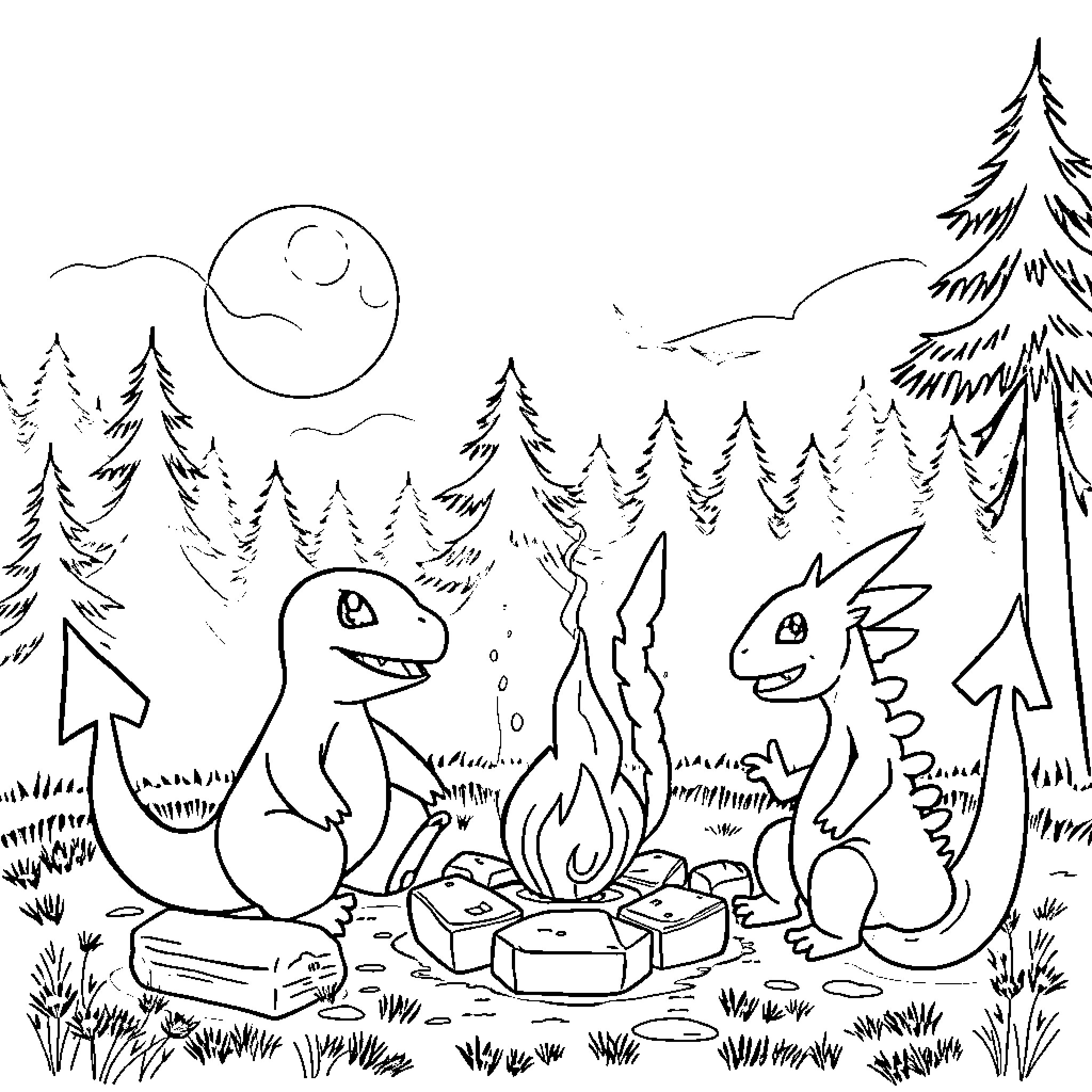 Charmander and another creature sitting by a campfire Coloring Page (free black-and-white line drawing printable PDF for all, from beginners to advanced learners, including children, teens, adults, and seniors)