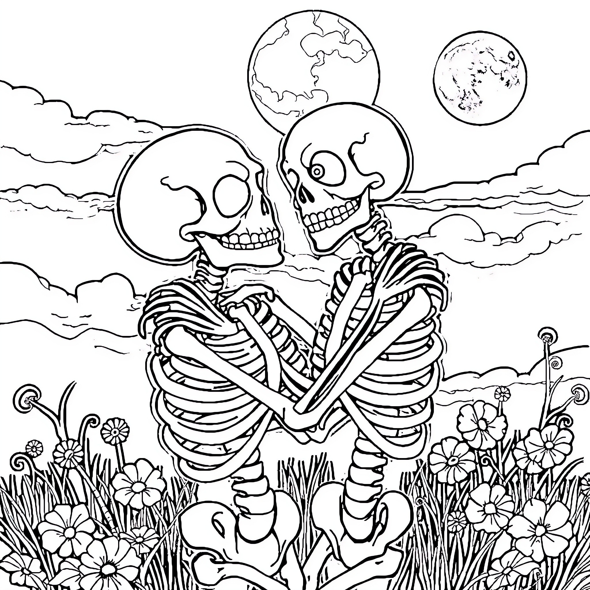Skeleton Couple Embracing in Moonlit Meadow Coloring Page (free black-and-white line drawing printable PDF for all, from beginners to advanced learners, including children, teens, adults, and seniors)