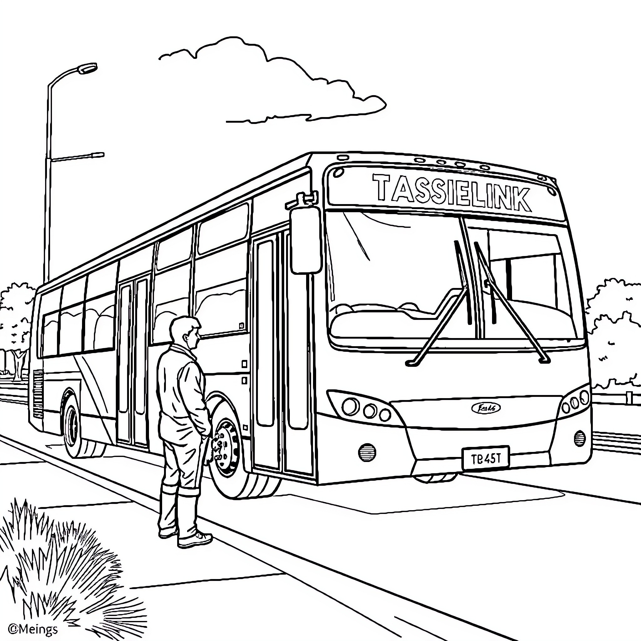 Bus Passenger Waiting at the Stop Coloring Page (free black-and-white line drawing printable PDF for all, from beginners to advanced learners, including children, teens, adults, and seniors)