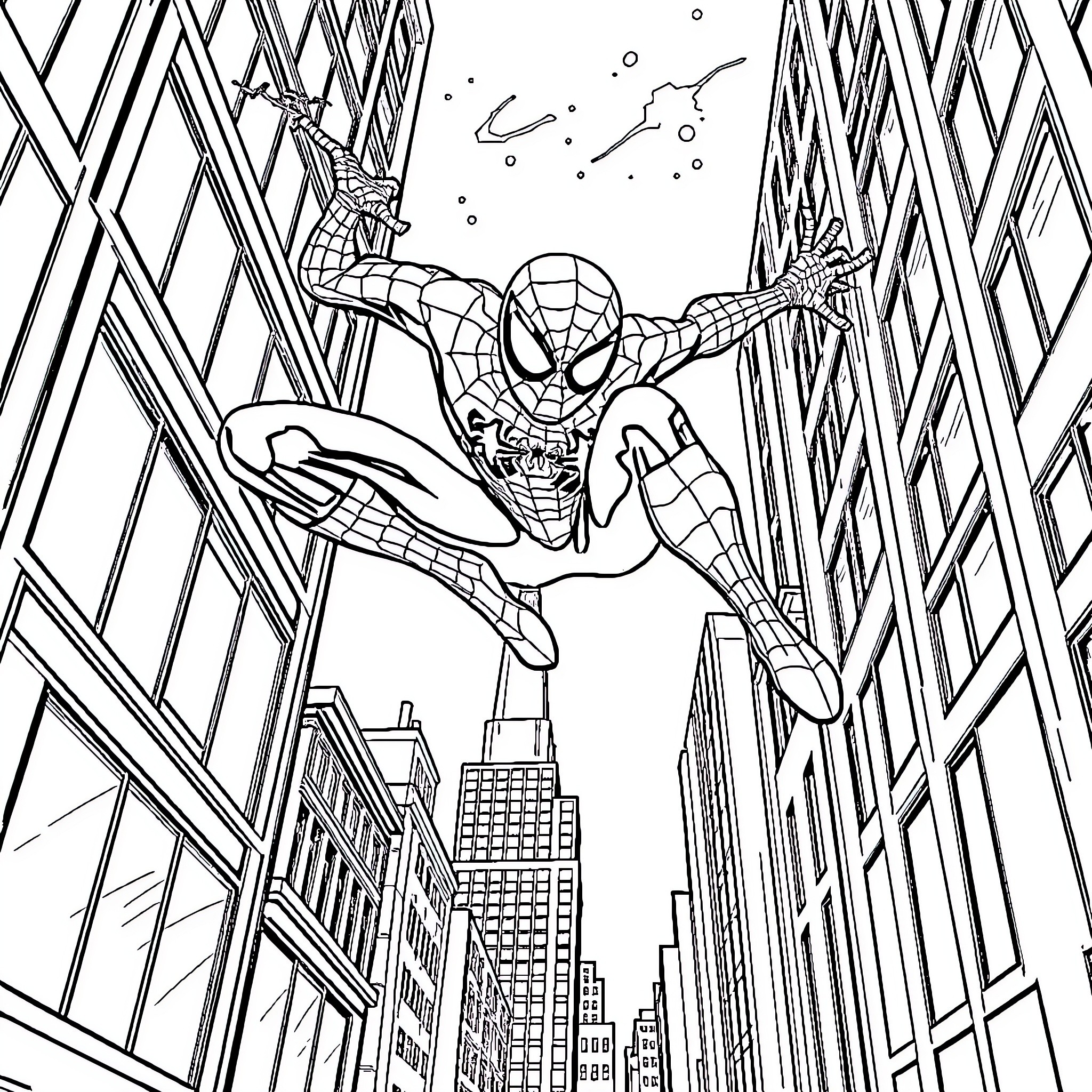 Spiderman swinging through the cityscape Coloring Page (free black-and-white line drawing printable PDF for all, from beginners to advanced learners, including children, teens, adults, and seniors)
