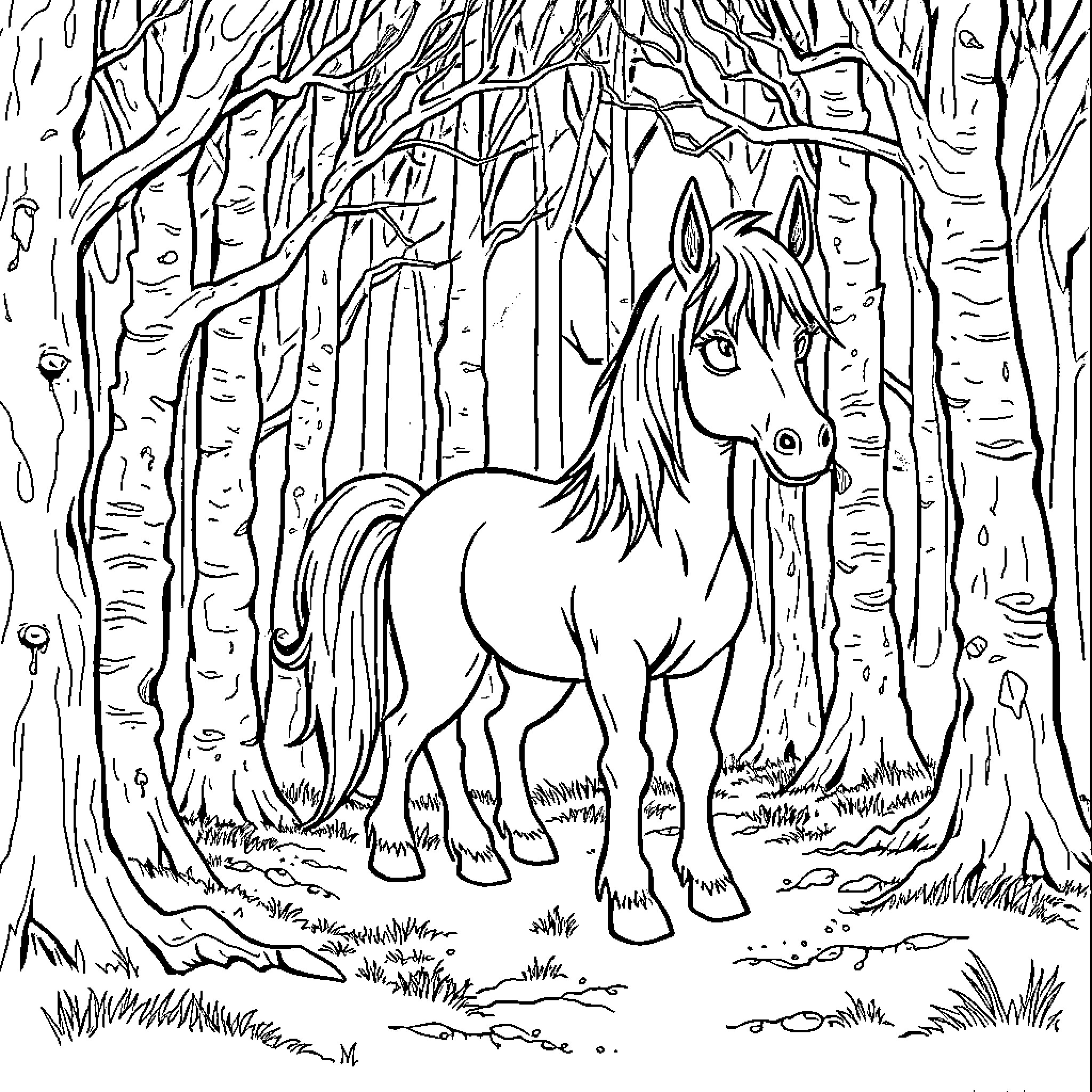 Pony standing in the enchanted forest Coloring Page (free black-and-white line drawing printable PDF for all, from beginners to advanced learners, including children, teens, adults, and seniors)