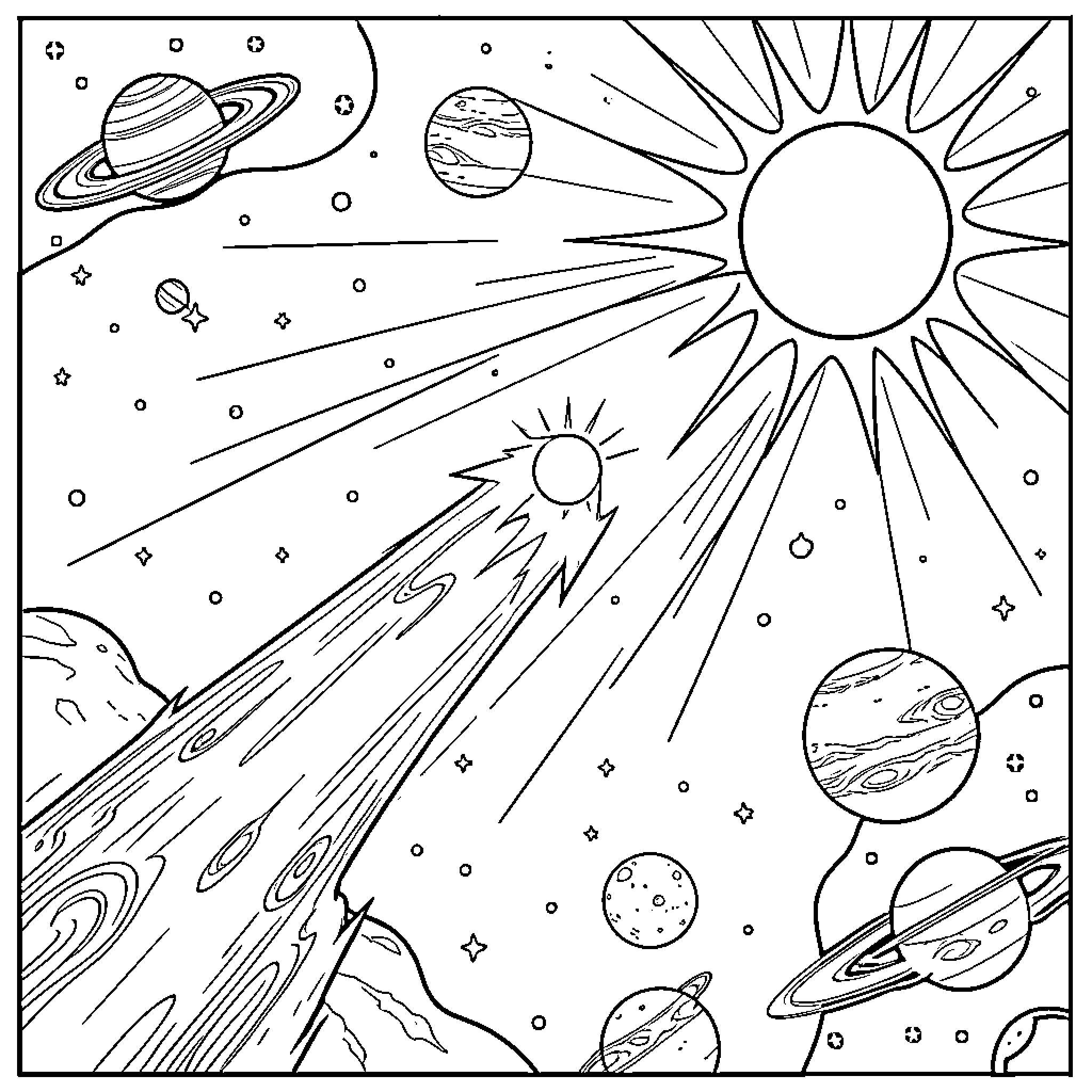 Sun shining brightly among planets and stars in space Coloring Page (free black-and-white line drawing printable PDF for all, from beginners to advanced learners, including children, teens, adults, and seniors)