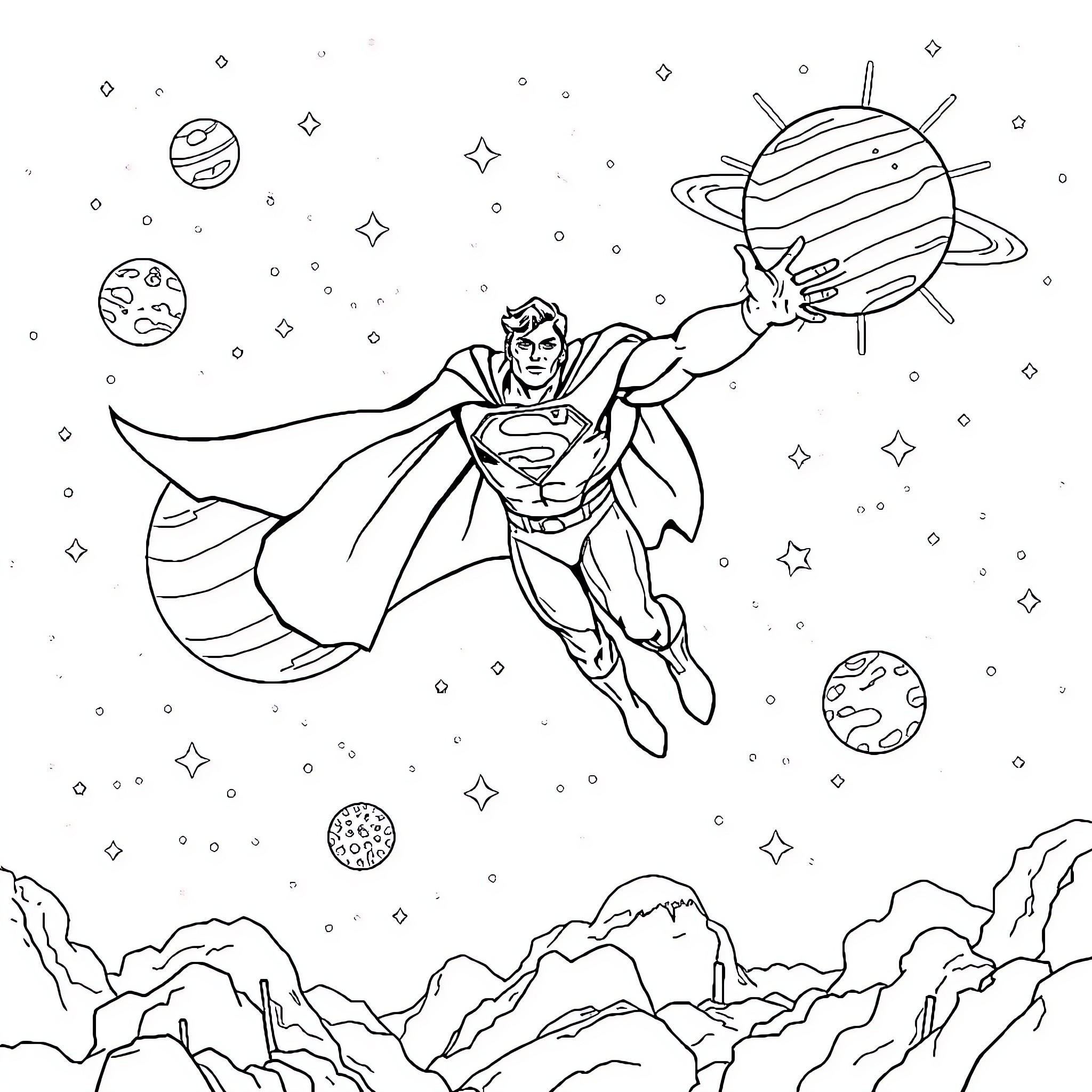 Superman soaring through the cosmic universe Coloring Page (free black-and-white line drawing printable PDF for all, from beginners to advanced learners, including children, teens, adults, and seniors)