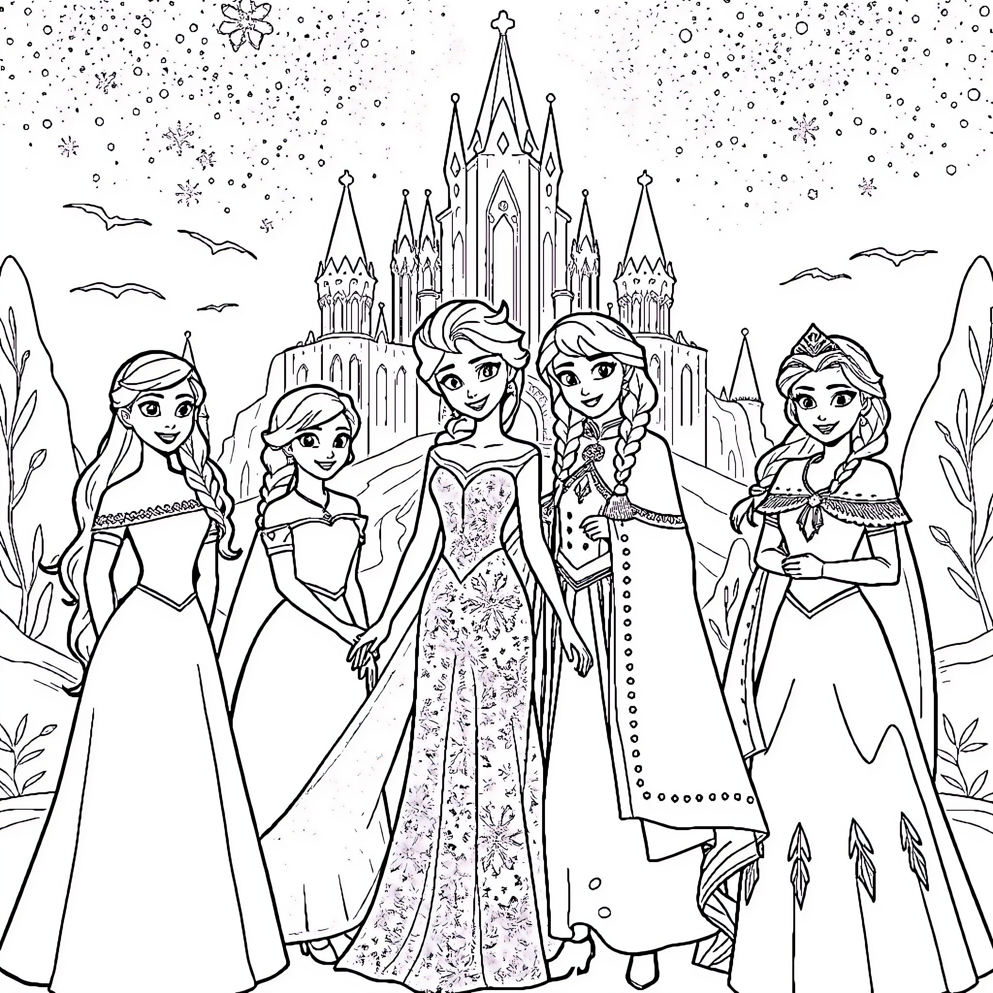 Princess Posing With Fairytale Castle In Winter Coloring Page (free black-and-white line drawing printable PDF for all, from beginners to advanced learners, including children, teens, adults, and seniors)
