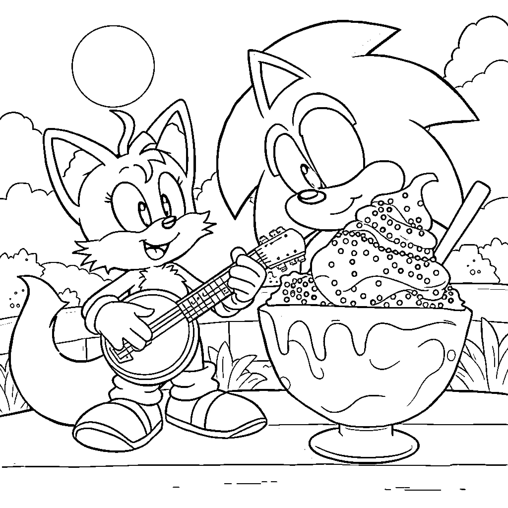 Sonic characters playing musical instruments outdoors Coloring Page (free black-and-white line drawing printable PDF for all, from beginners to advanced learners, including children, teens, adults, and seniors)