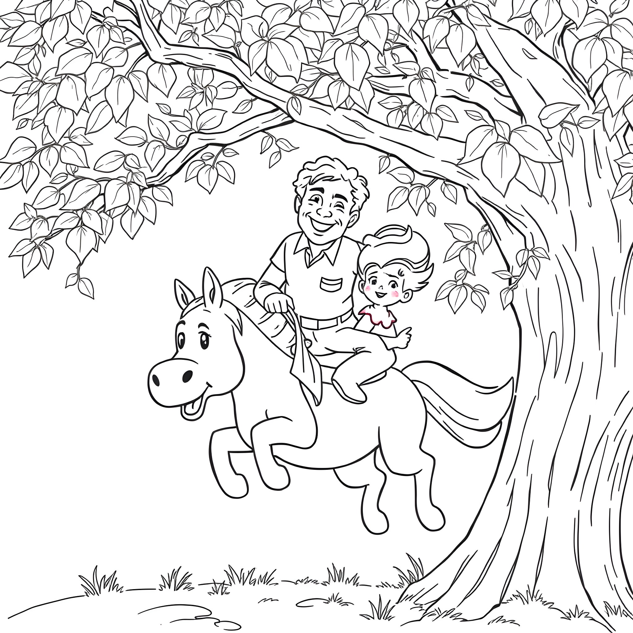 Tom Selleck on horseback with young companion Coloring Page (free black-and-white line drawing printable PDF for all, from beginners to advanced learners, including children, teens, adults, and seniors)
