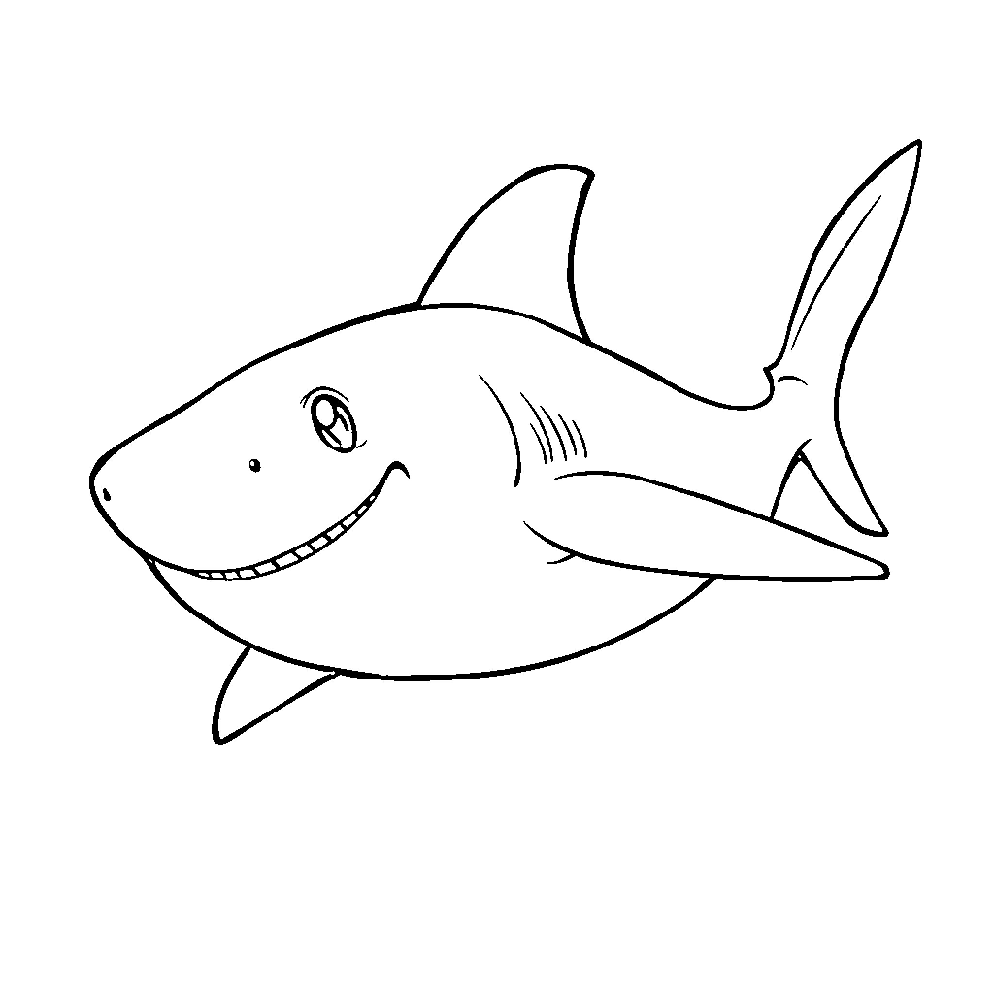 Shark swimming with a friendly expression Coloring Page (free black-and-white line drawing printable PDF for all, from beginners to advanced learners, including children, teens, adults, and seniors)