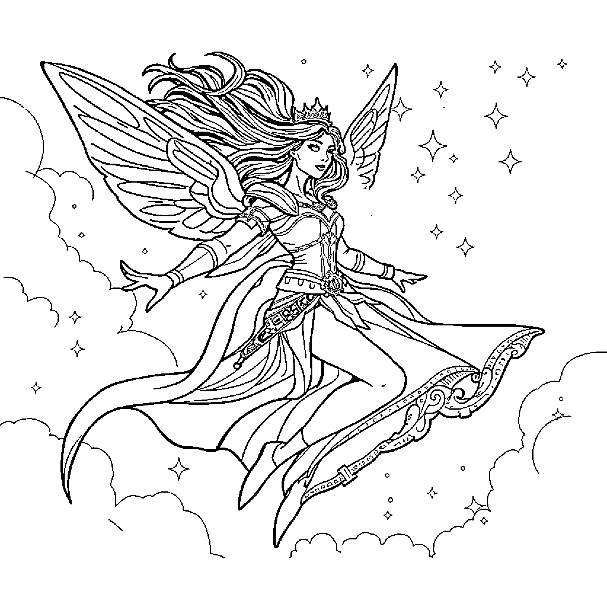 Princess Fairy Soaring Through the Starry Night Sky Coloring Page (free black-and-white line drawing printable PDF for all, from beginners to advanced learners, including children, teens, adults, and seniors)